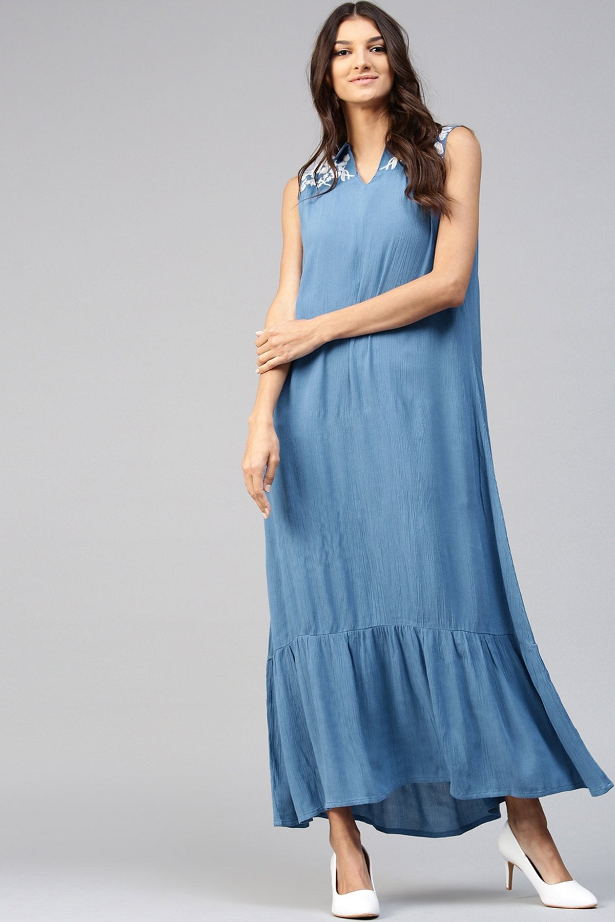 Women's Embroidered Yoke Crinkled Blue Ethnic Maxi - SASSAFRAS