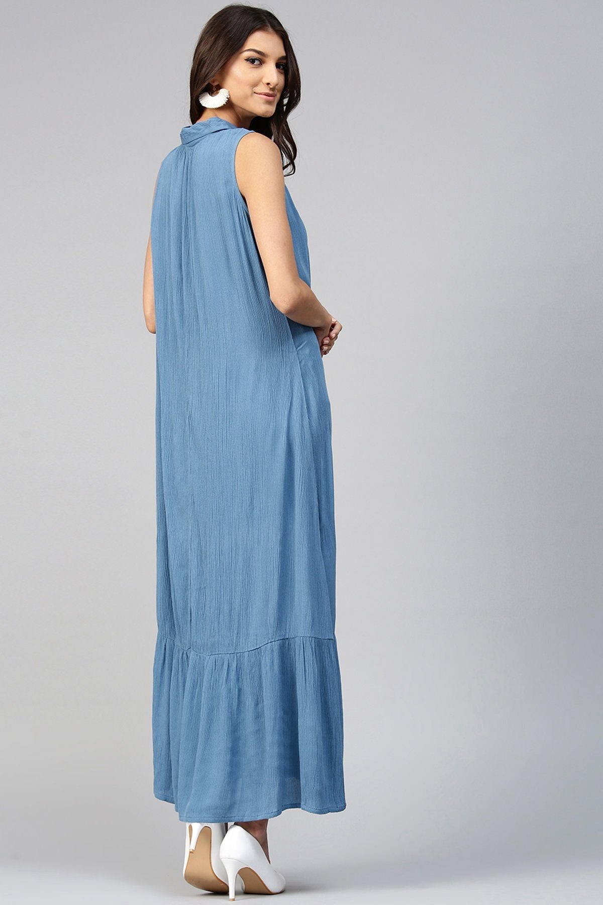 Women's Embroidered Yoke Crinkled Blue Ethnic Maxi - SASSAFRAS