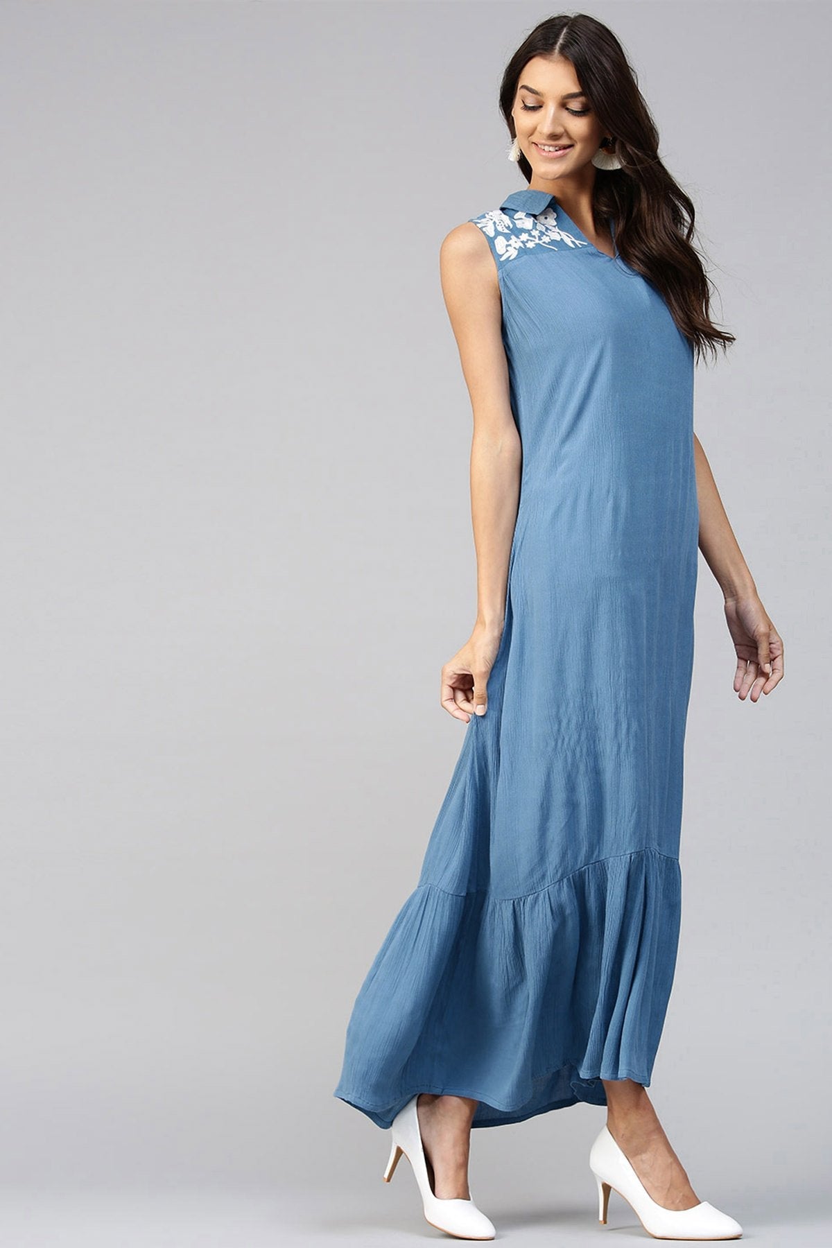 Women's Embroidered Yoke Crinkled Blue Ethnic Maxi - SASSAFRAS