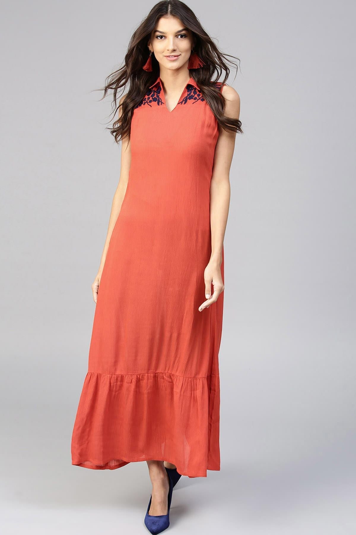 Women's Embroidered Yoke Crinkled Rust Ethnic Maxi - SASSAFRAS