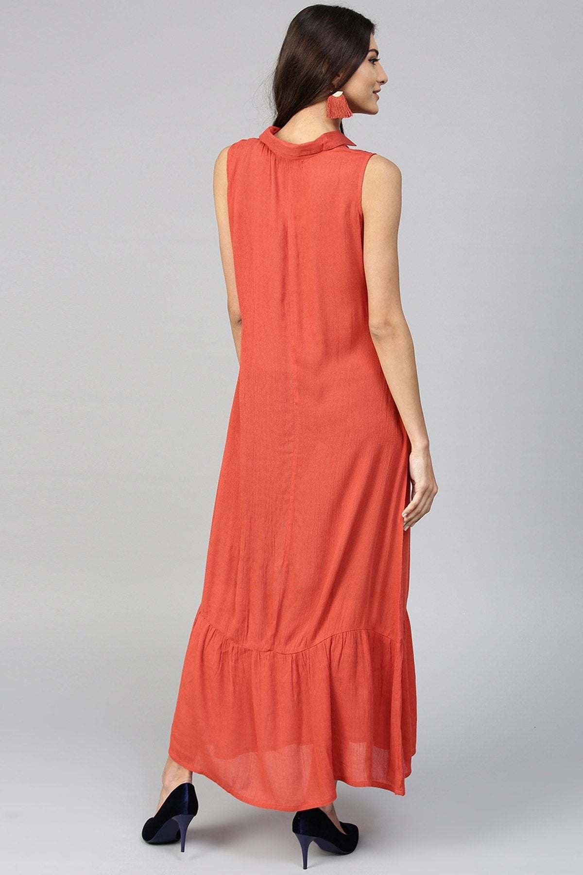 Women's Embroidered Yoke Crinkled Rust Ethnic Maxi - SASSAFRAS