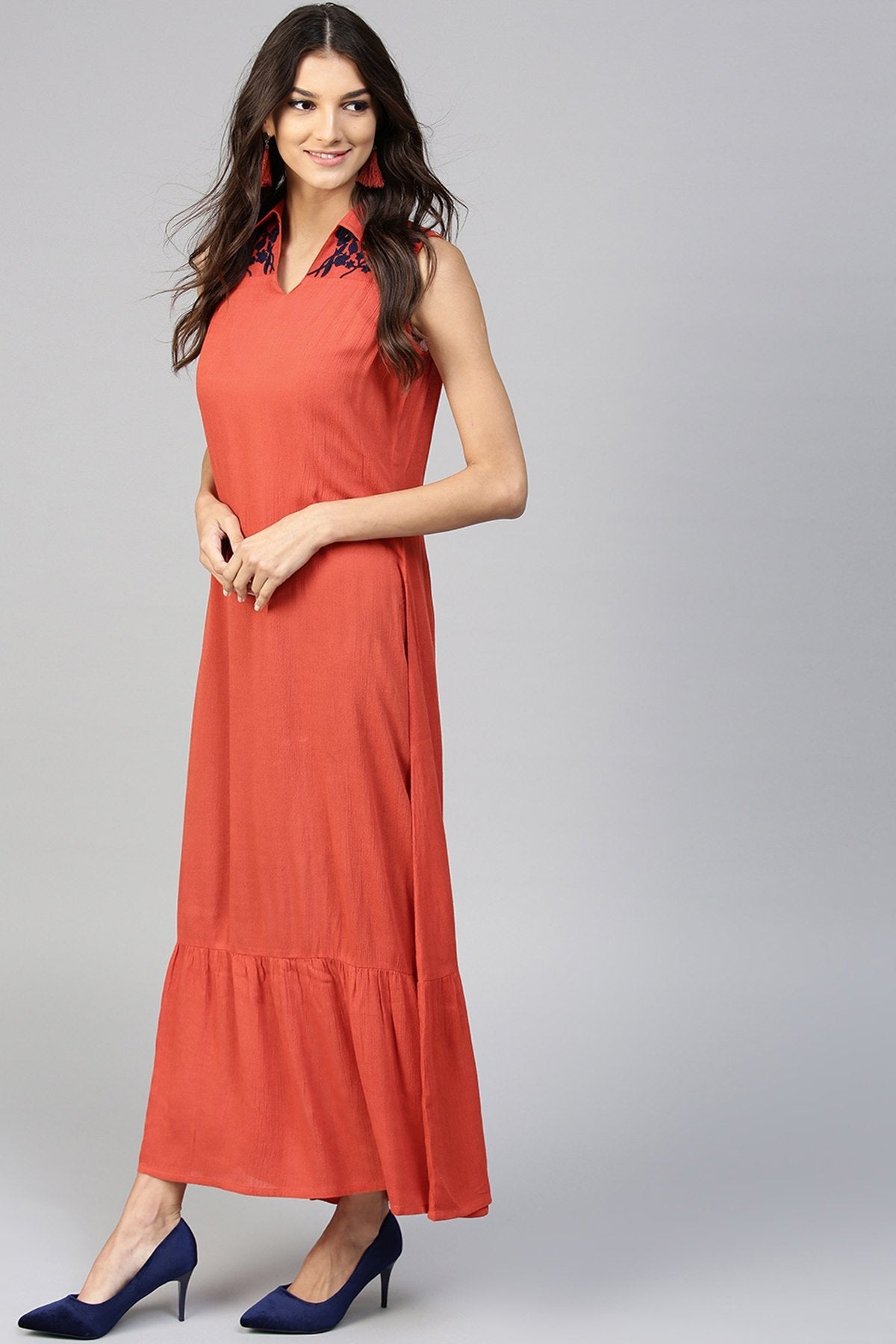 Women's Embroidered Yoke Crinkled Rust Ethnic Maxi - SASSAFRAS