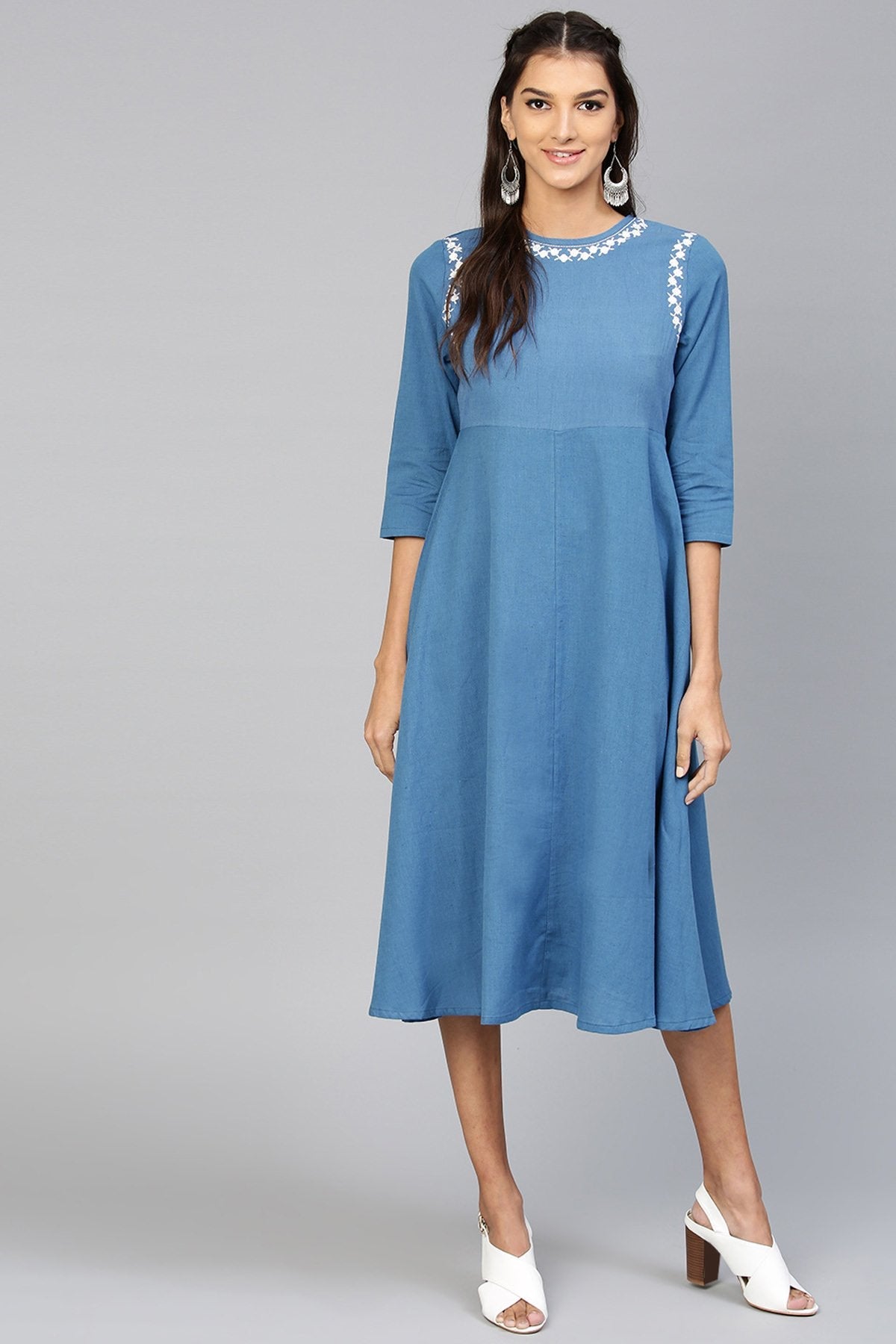 Women's Blue Embroidered Belted Ethnic Dress - SASSAFRAS