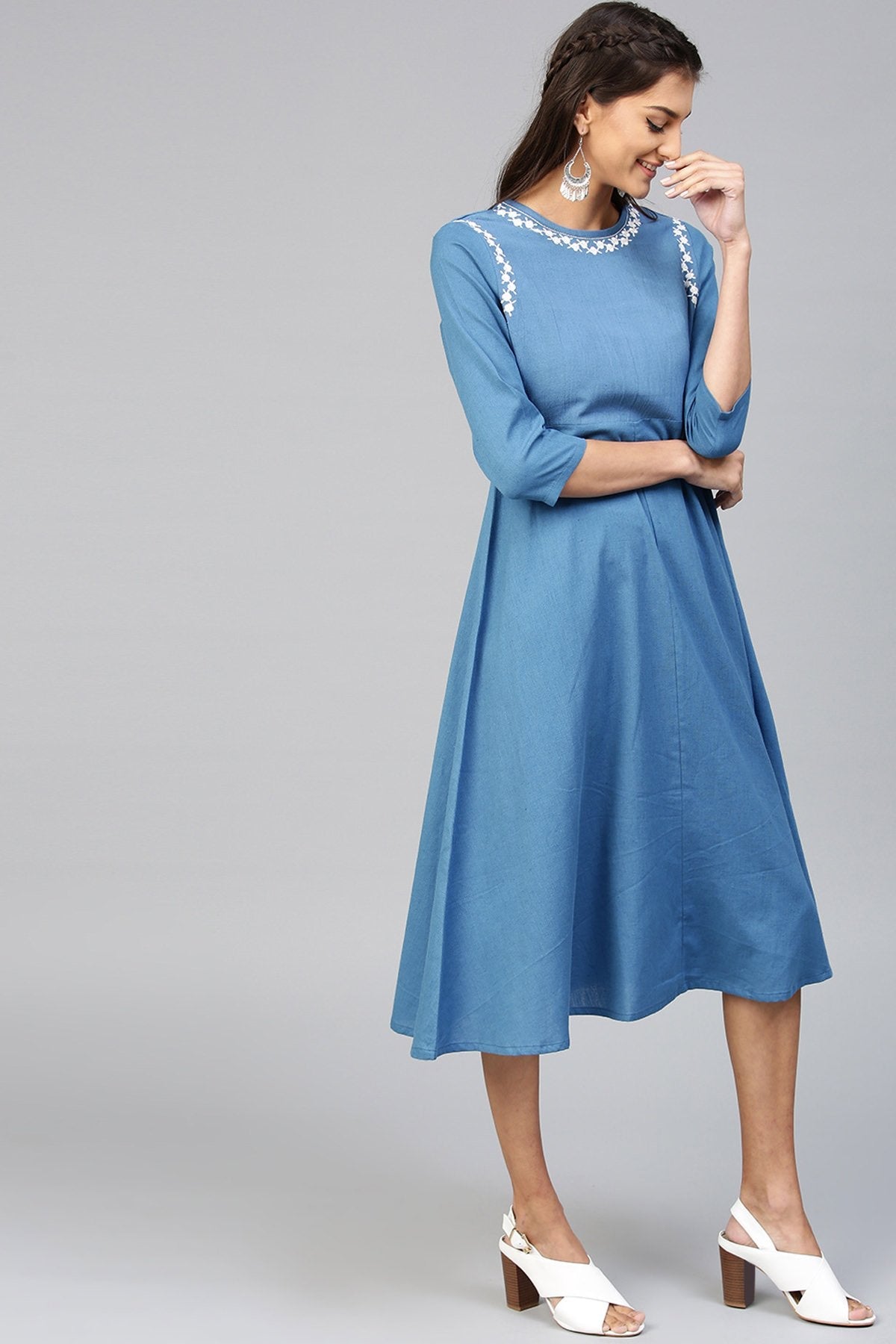 Women's Blue Embroidered Belted Ethnic Dress - SASSAFRAS