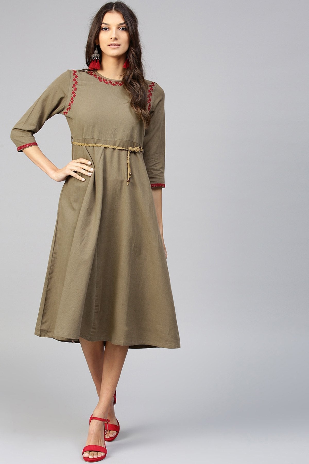 Women's Brown Embroidered Belted Ethnic Dress - SASSAFRAS