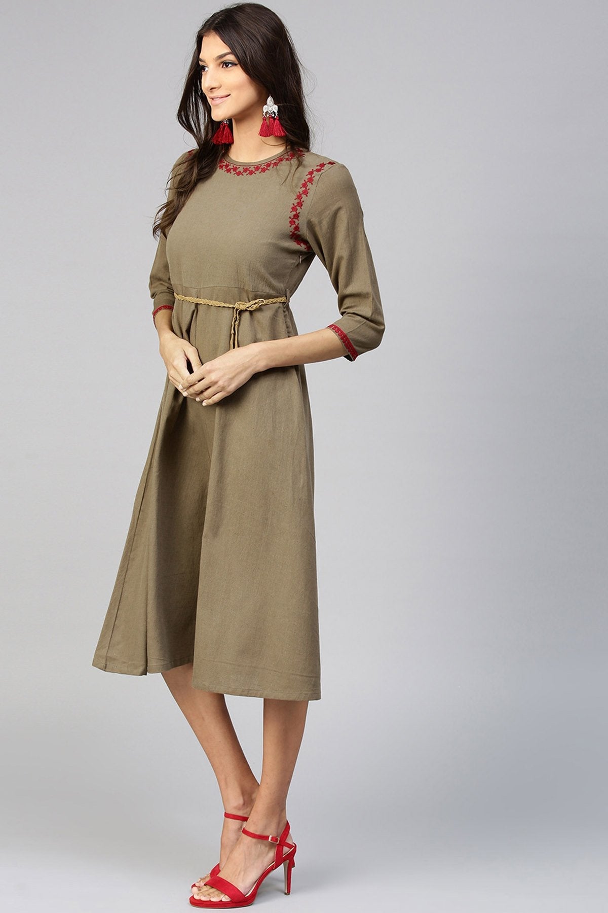 Women's Brown Embroidered Belted Ethnic Dress - SASSAFRAS