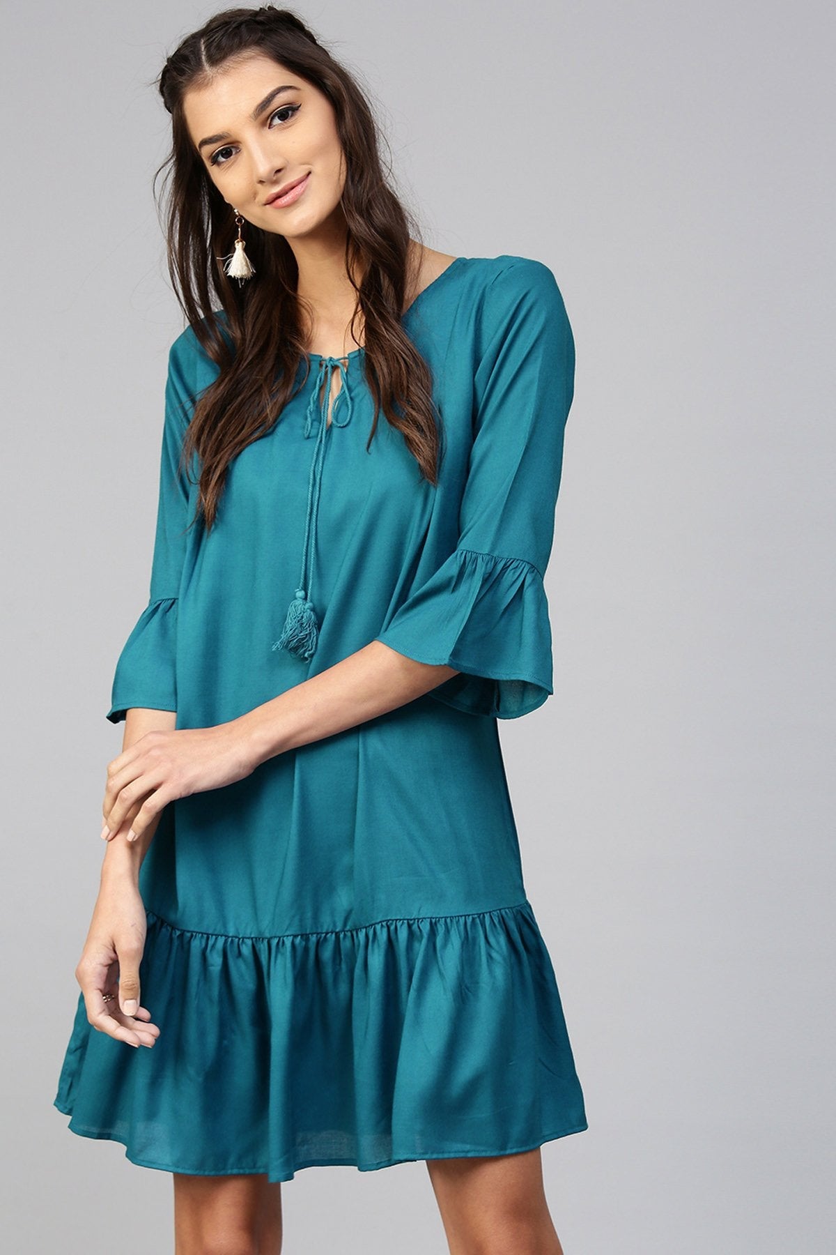 Women's Teal Ruffled Bottom Dress - SASSAFRAS