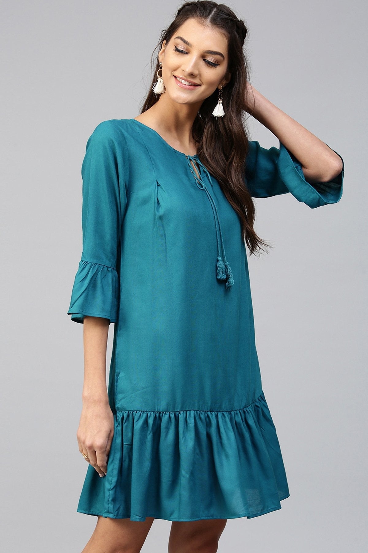 Women's Teal Ruffled Bottom Dress - SASSAFRAS