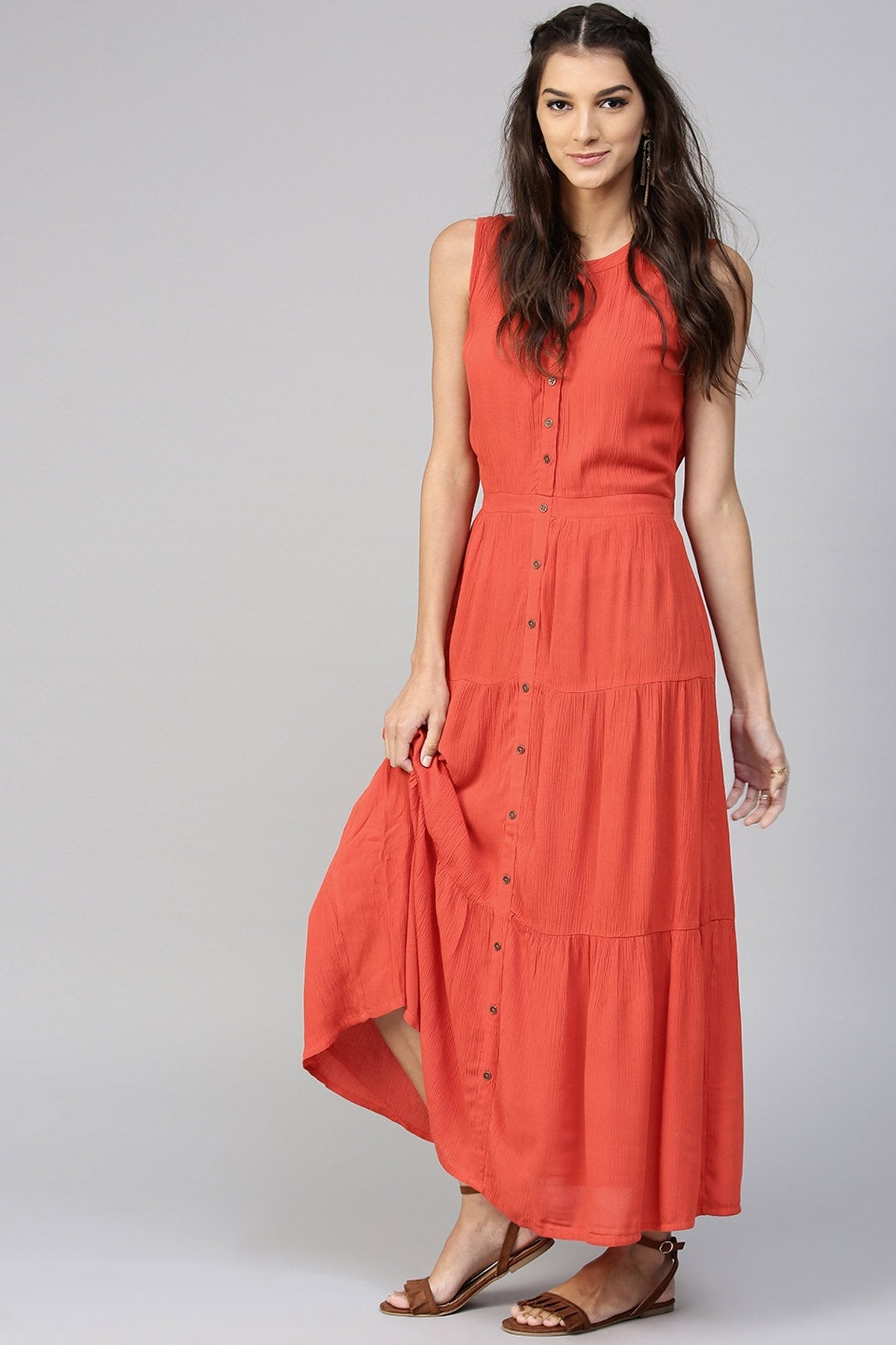 Women's Tiered Front Button Crinkled Rust Maxi - SASSAFRAS