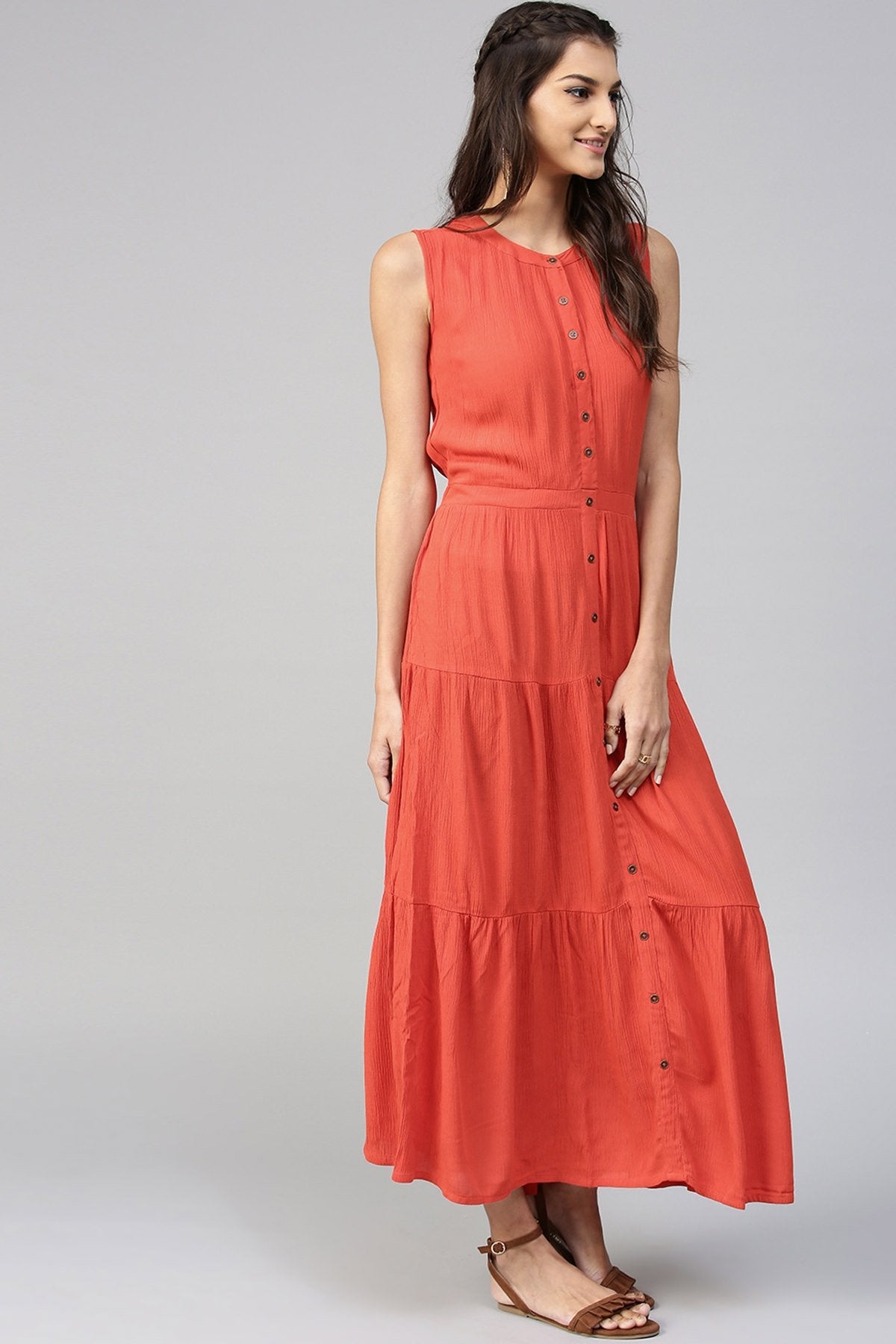 Women's Tiered Front Button Crinkled Rust Maxi - SASSAFRAS