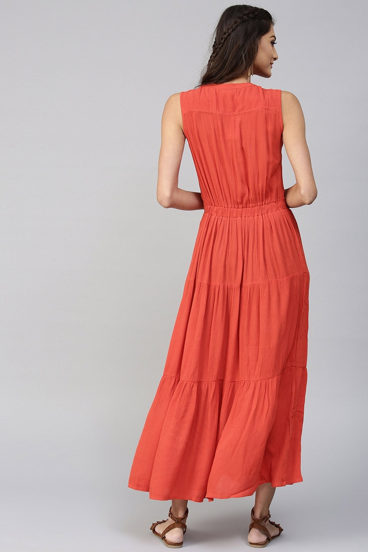 Women's Tiered Front Button Crinkled Rust Maxi - SASSAFRAS