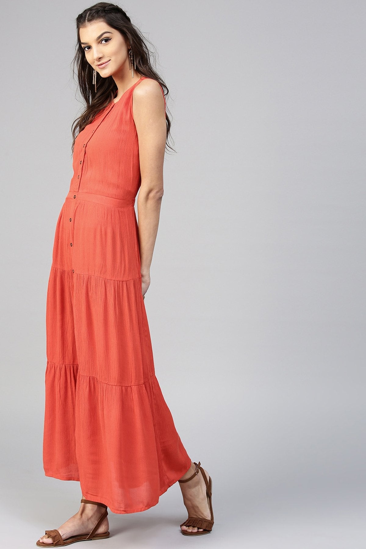 Women's Tiered Front Button Crinkled Rust Maxi - SASSAFRAS