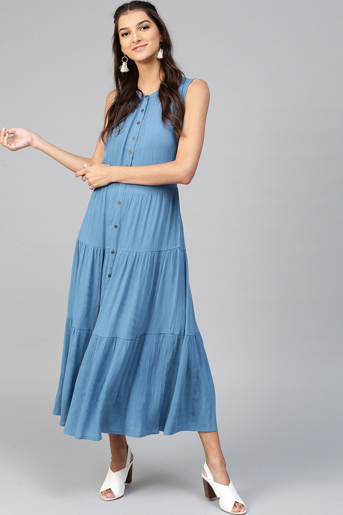 Women's Tiered Front Button Crinkled Blue Maxi - SASSAFRAS