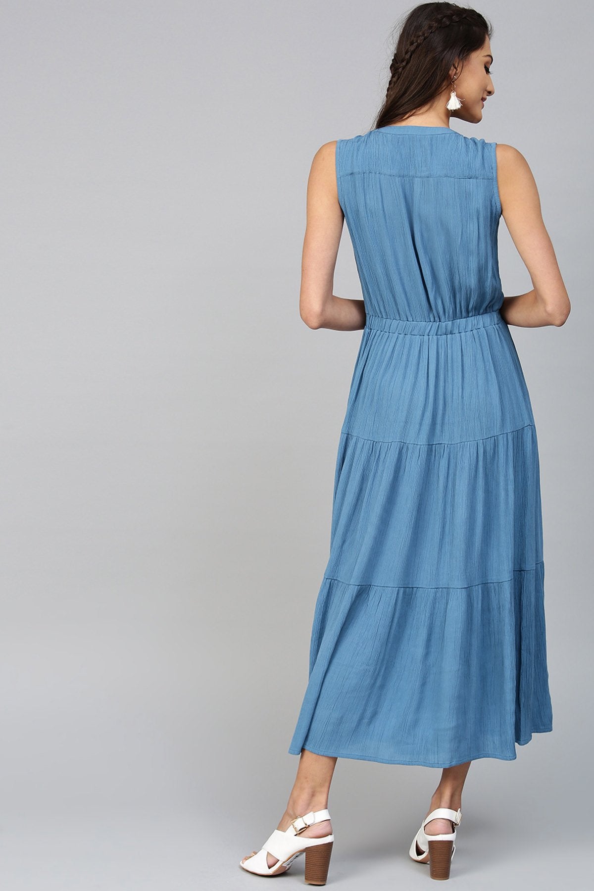 Women's Tiered Front Button Crinkled Blue Maxi - SASSAFRAS