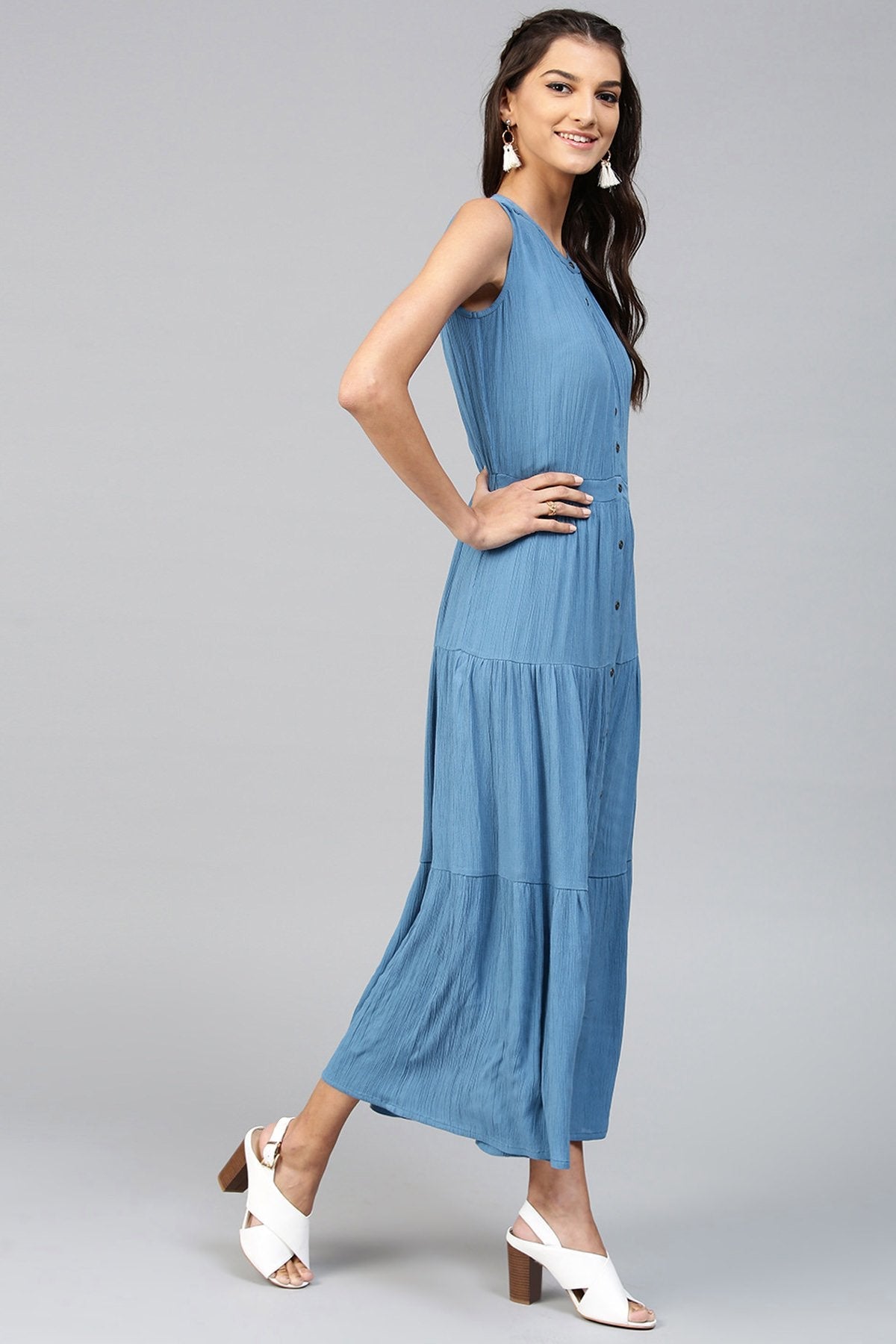 Women's Tiered Front Button Crinkled Blue Maxi - SASSAFRAS