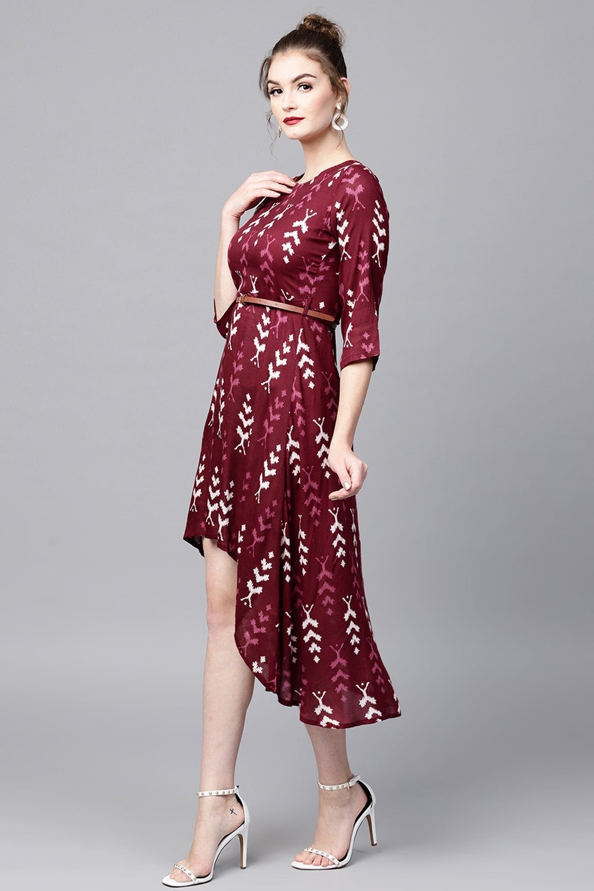 Women's Maroon Ikat High Low Ethnic Belted Dress - SASSAFRAS