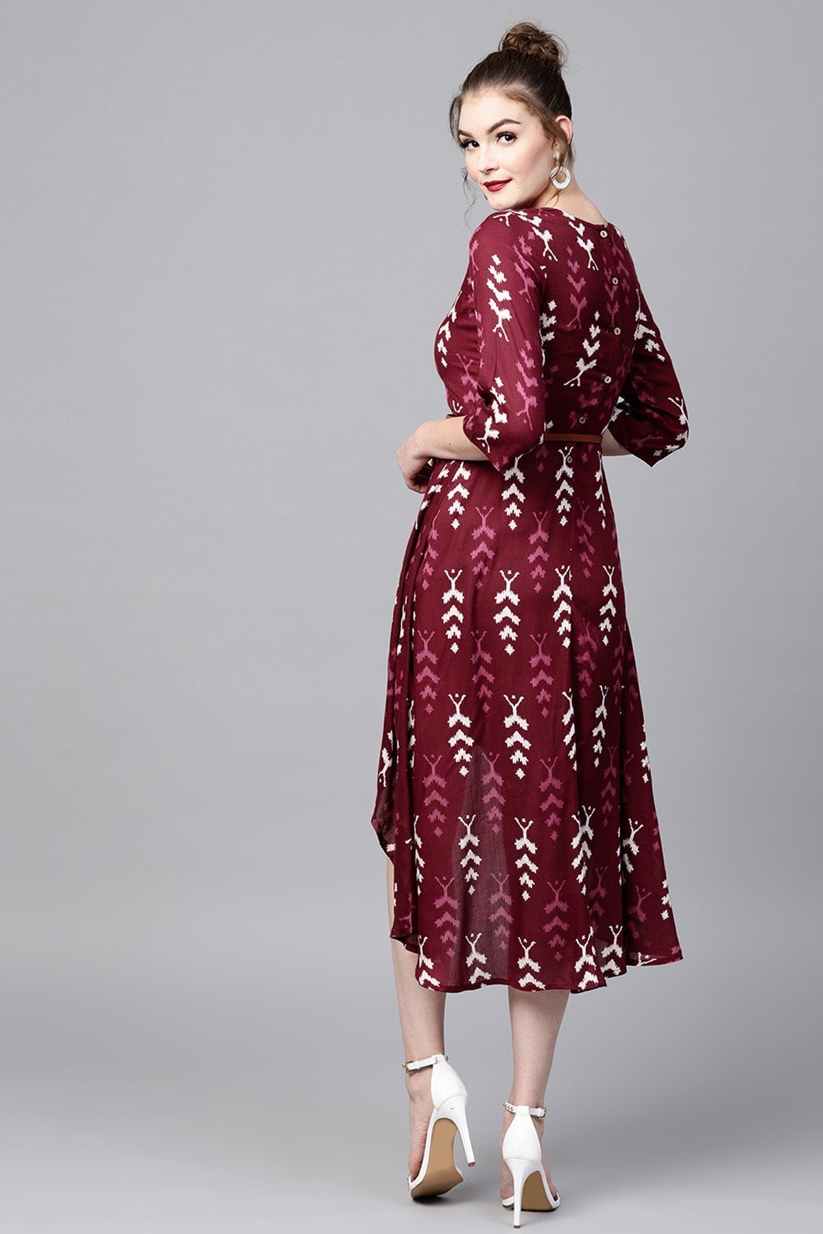 Women's Maroon Ikat High Low Ethnic Belted Dress - SASSAFRAS