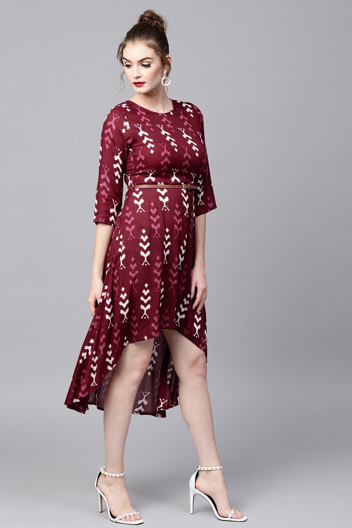 Women's Maroon Ikat High Low Ethnic Belted Dress - SASSAFRAS