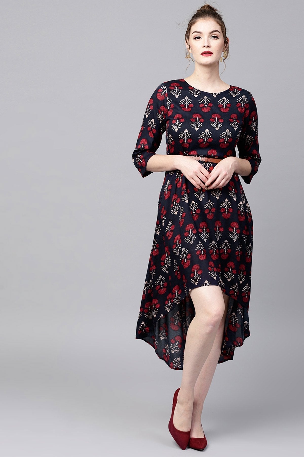 Women's Navy Floral High Low Ethnic Belted Dress - SASSAFRAS