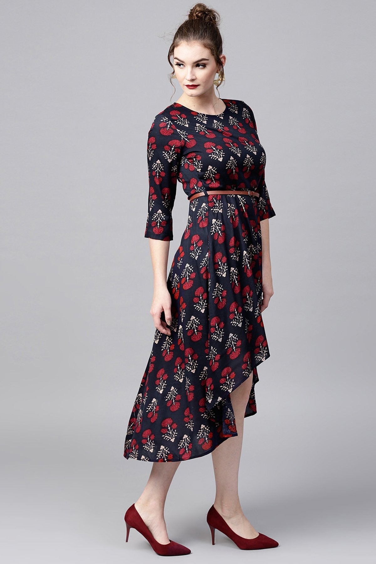 Women's Navy Floral High Low Ethnic Belted Dress - SASSAFRAS