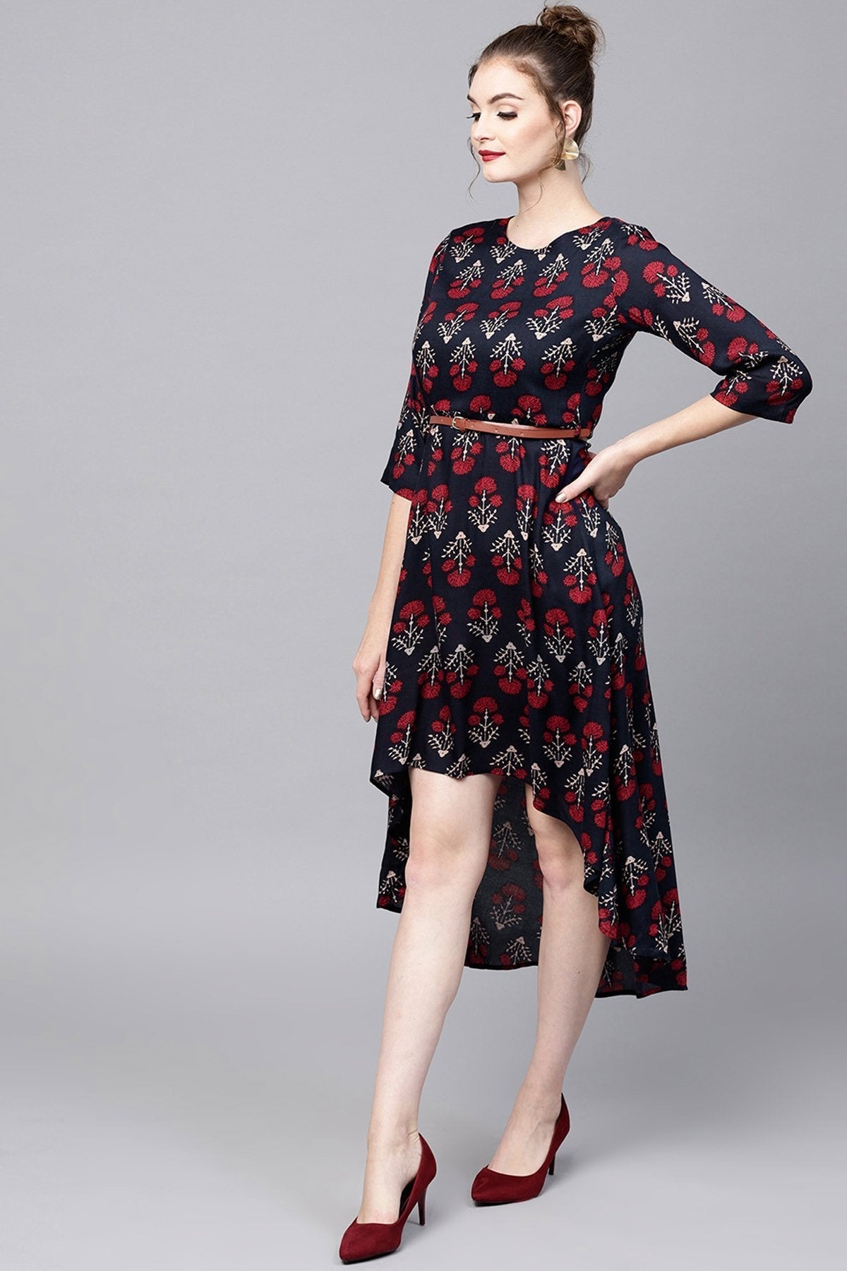 Women's Navy Floral High Low Ethnic Belted Dress - SASSAFRAS