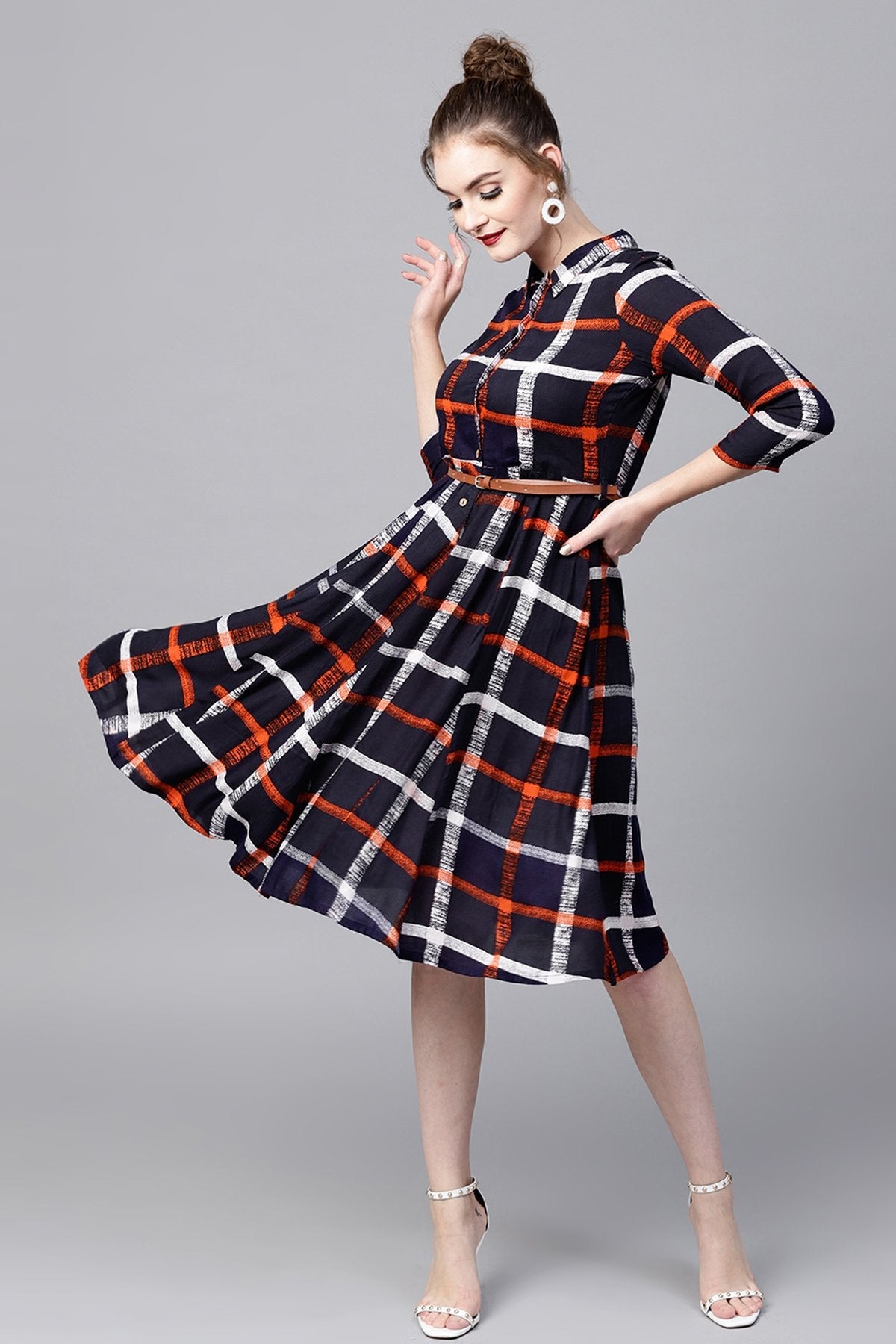 Women's Navy Check Shirt Ethnic Belted Dress - SASSAFRAS