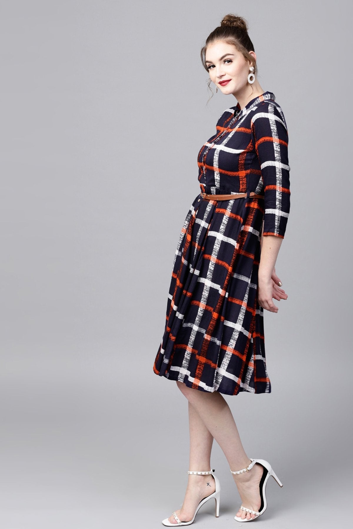 Women's Navy Check Shirt Ethnic Belted Dress - SASSAFRAS