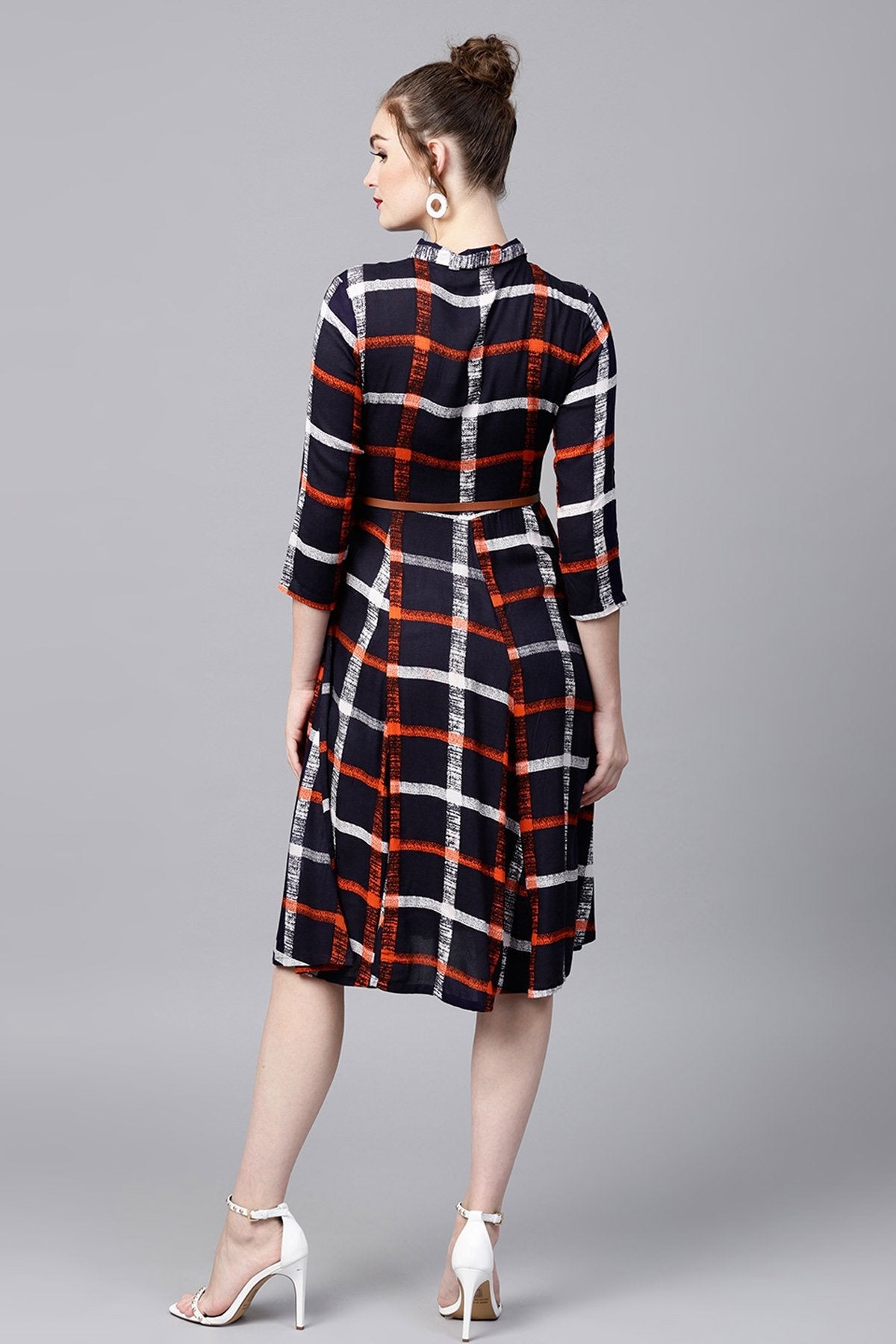 Women's Navy Check Shirt Ethnic Belted Dress - SASSAFRAS