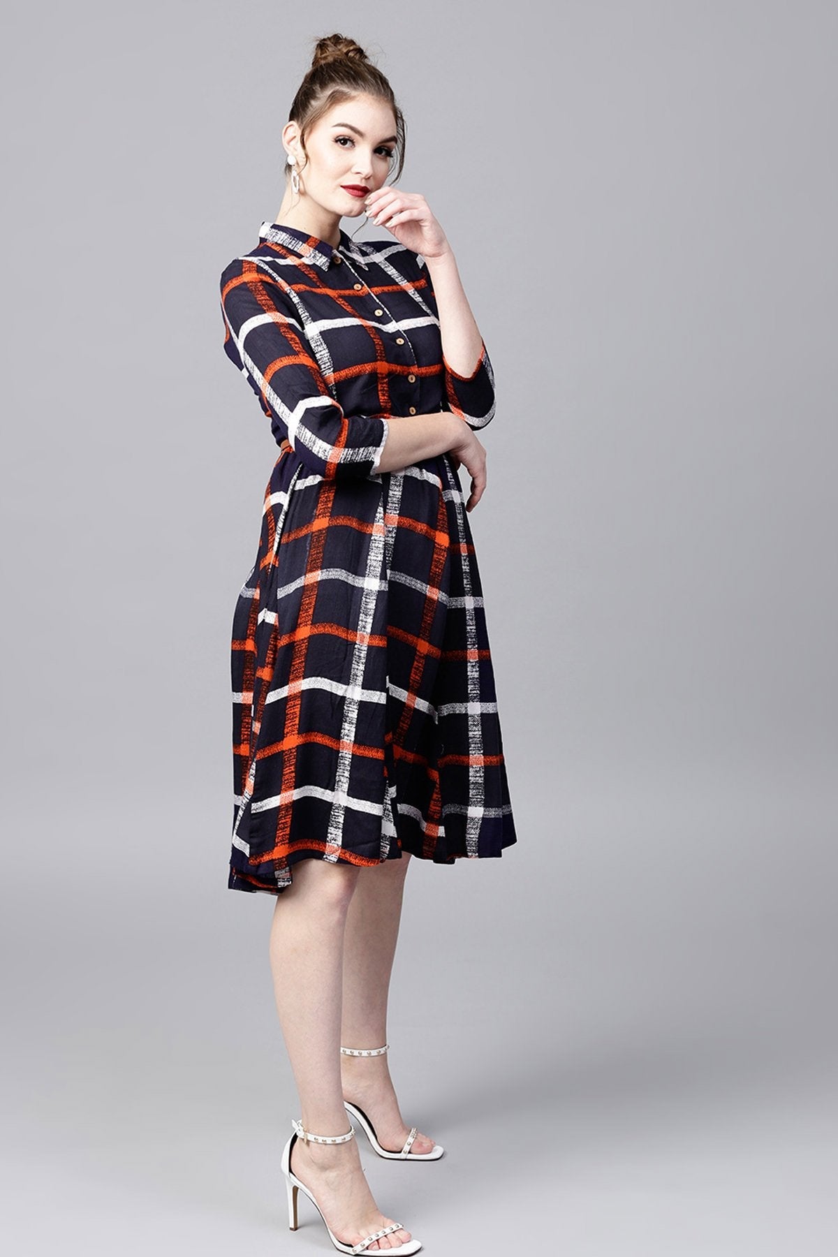 Women's Navy Check Shirt Ethnic Belted Dress - SASSAFRAS