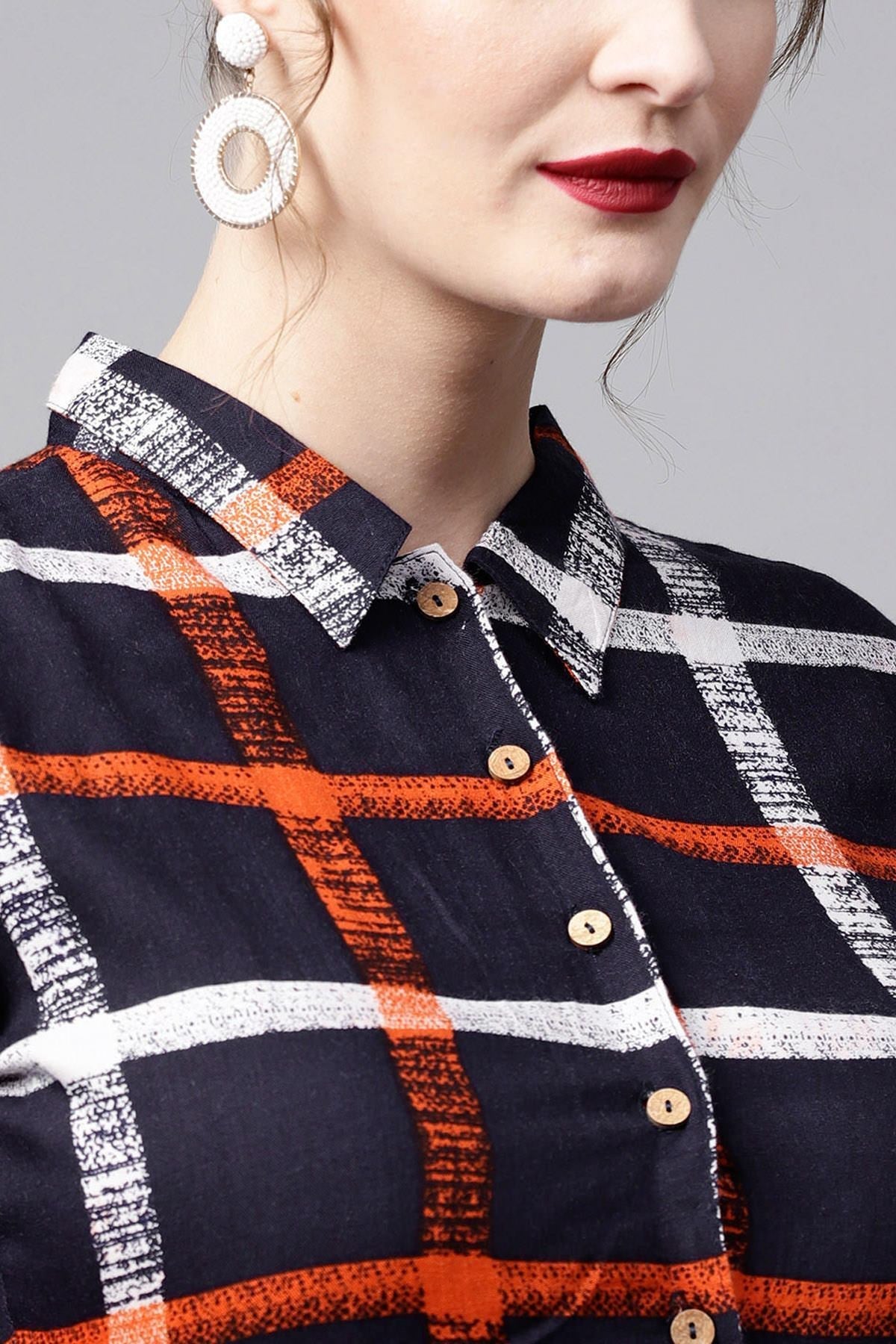 Women's Navy Check Shirt Ethnic Belted Dress - SASSAFRAS