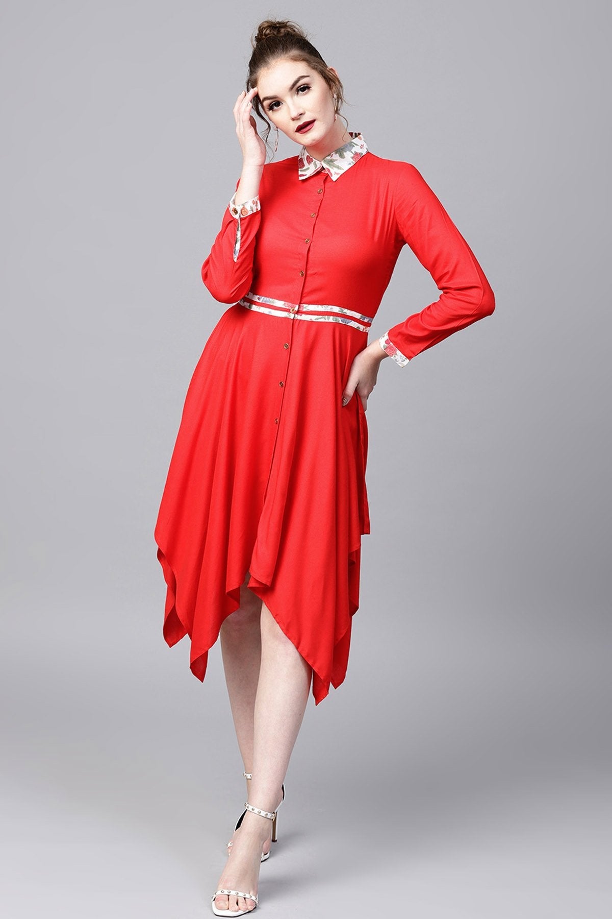 Women's Red Asymmetric Ethnic Dress - SASSAFRAS