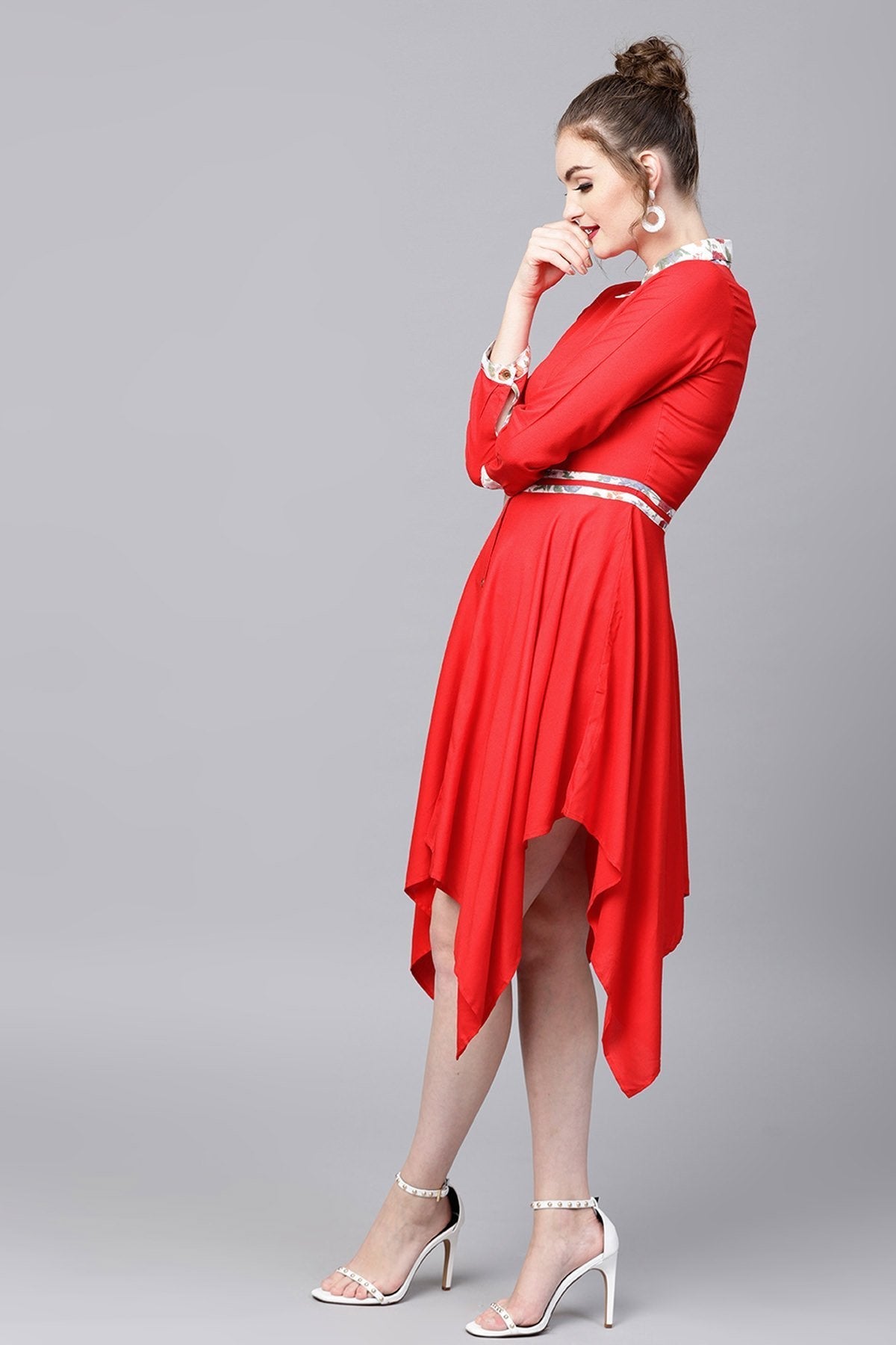 Women's Red Asymmetric Ethnic Dress - SASSAFRAS