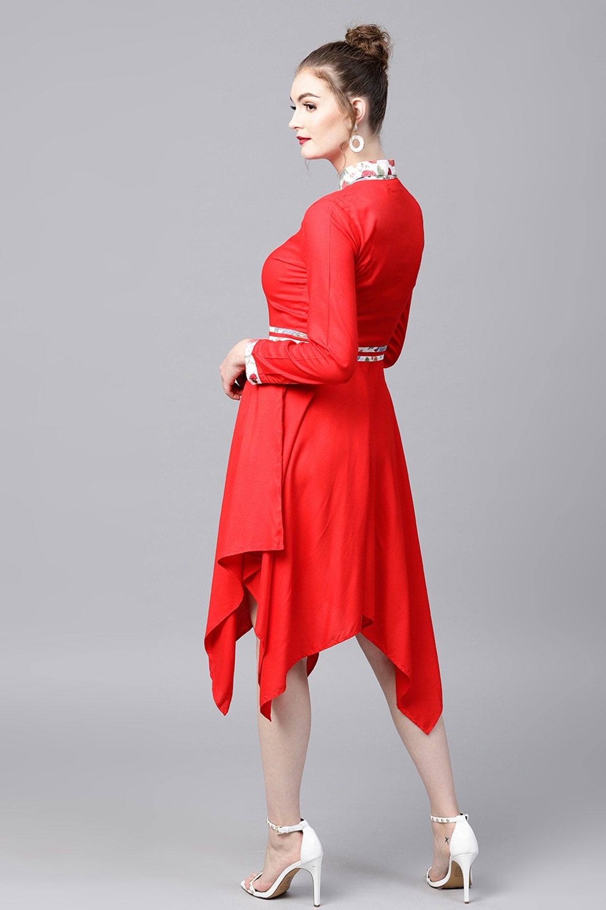 Women's Red Asymmetric Ethnic Dress - SASSAFRAS