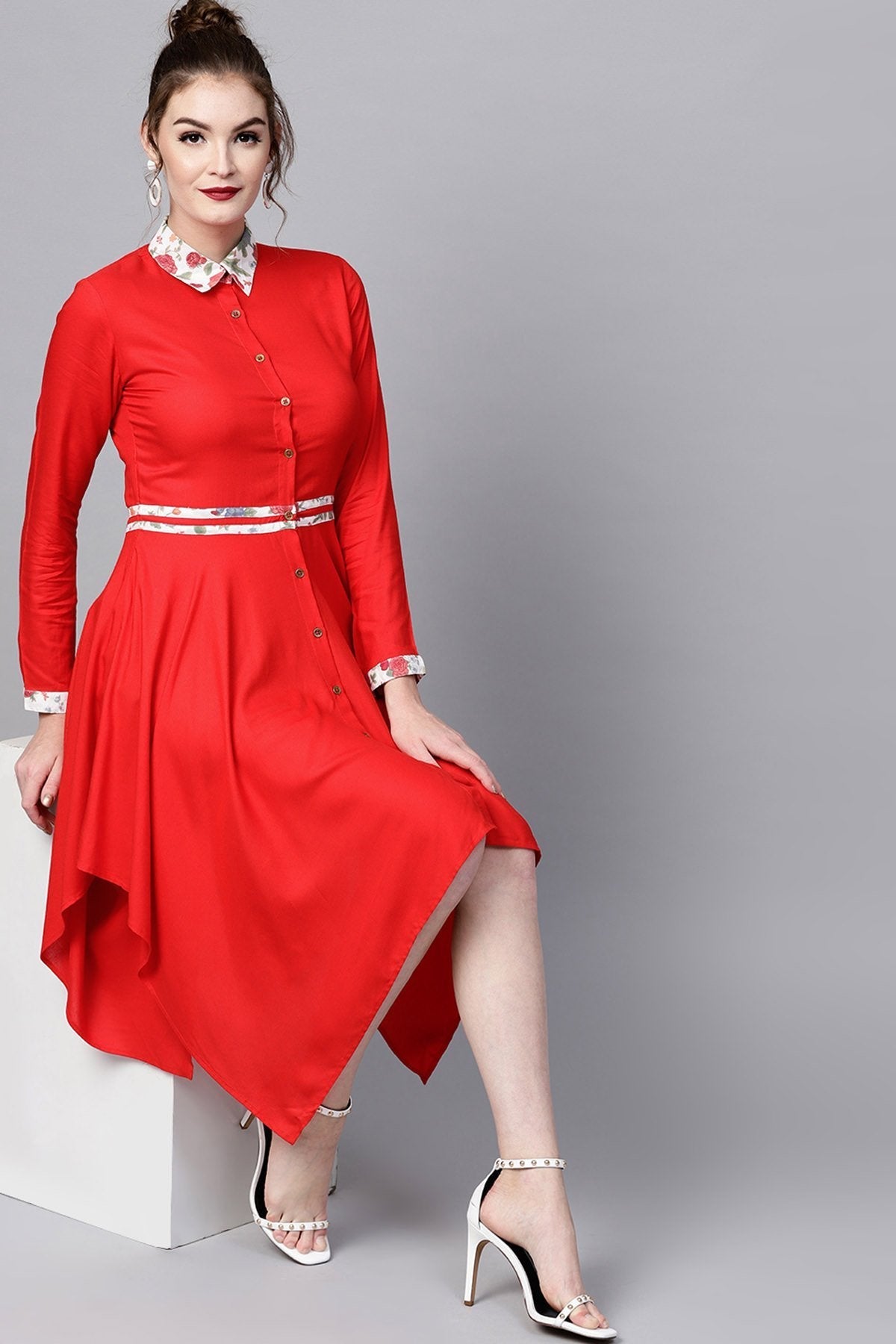 Women's Red Asymmetric Ethnic Dress - SASSAFRAS