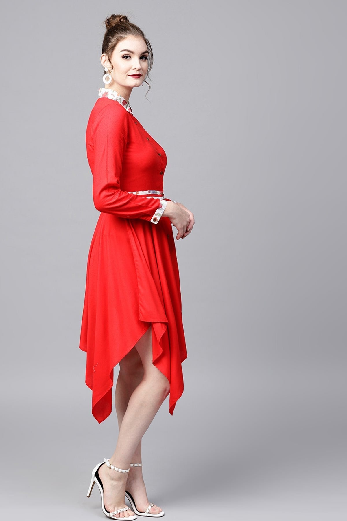 Women's Red Asymmetric Ethnic Dress - SASSAFRAS