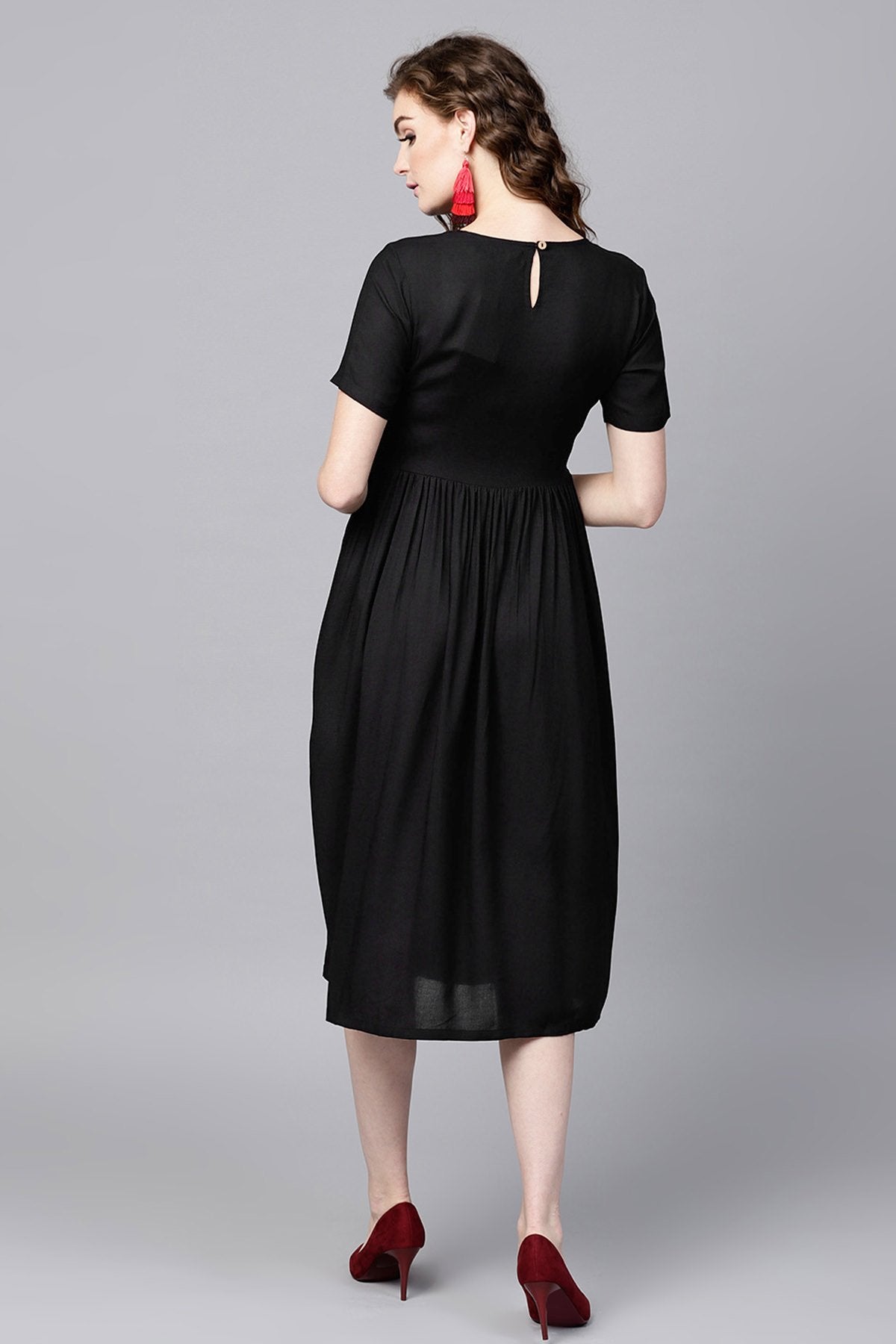 Women's Black Ethnic Dress With Printed Pockets - SASSAFRAS