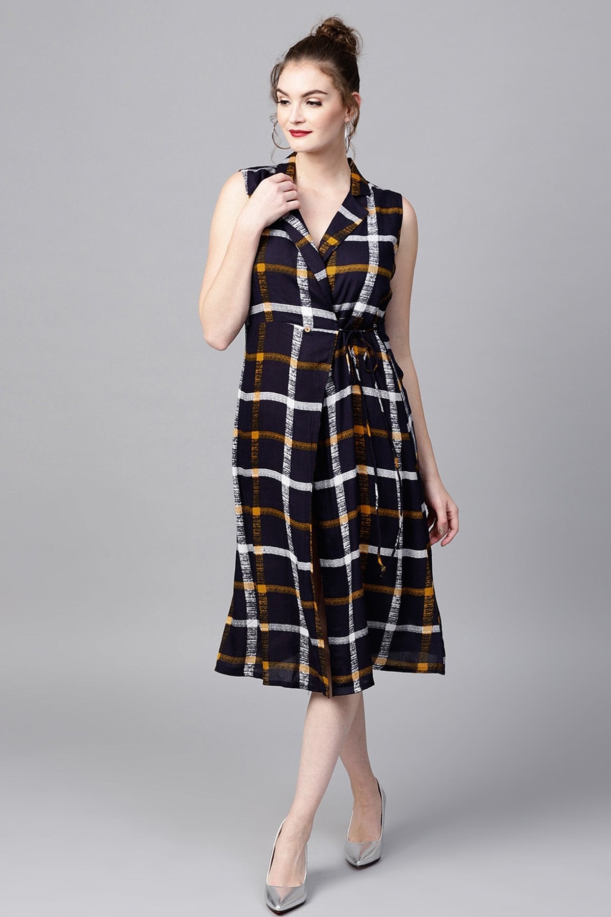 Women's Navy Check Lapel Collar Wrap Ethnic Dress - SASSAFRAS