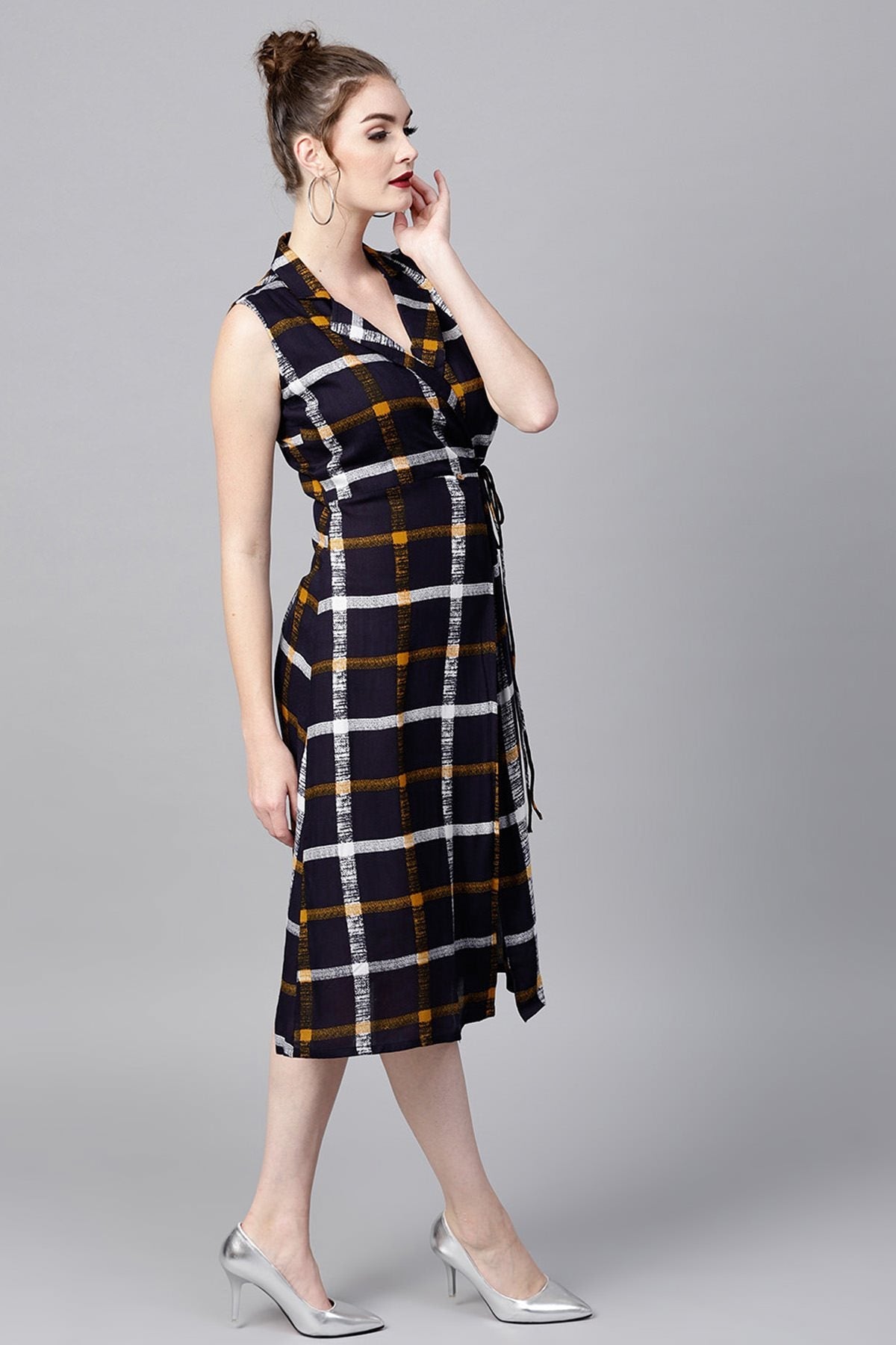 Women's Navy Check Lapel Collar Wrap Ethnic Dress - SASSAFRAS