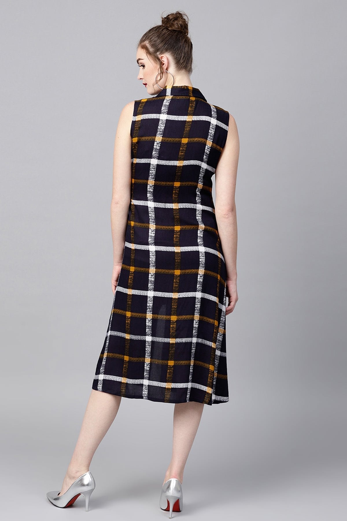 Women's Navy Check Lapel Collar Wrap Ethnic Dress - SASSAFRAS