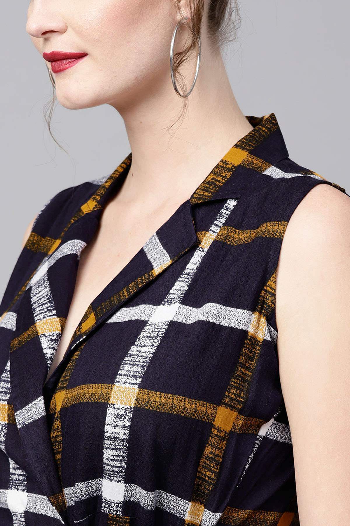 Women's Navy Check Lapel Collar Wrap Ethnic Dress - SASSAFRAS