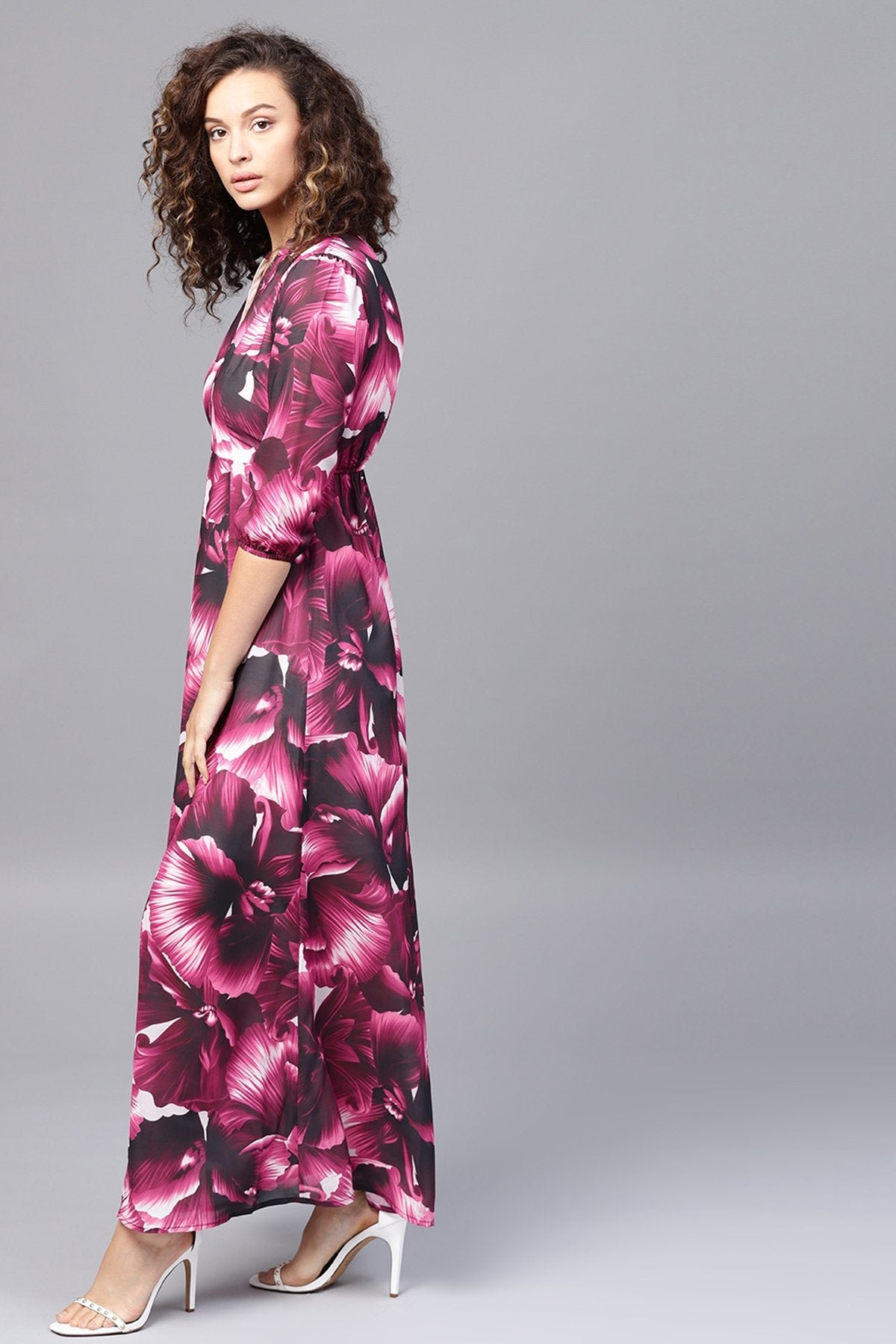 Women's Purple Floral V-Neck Maxi Dress - SASSAFRAS