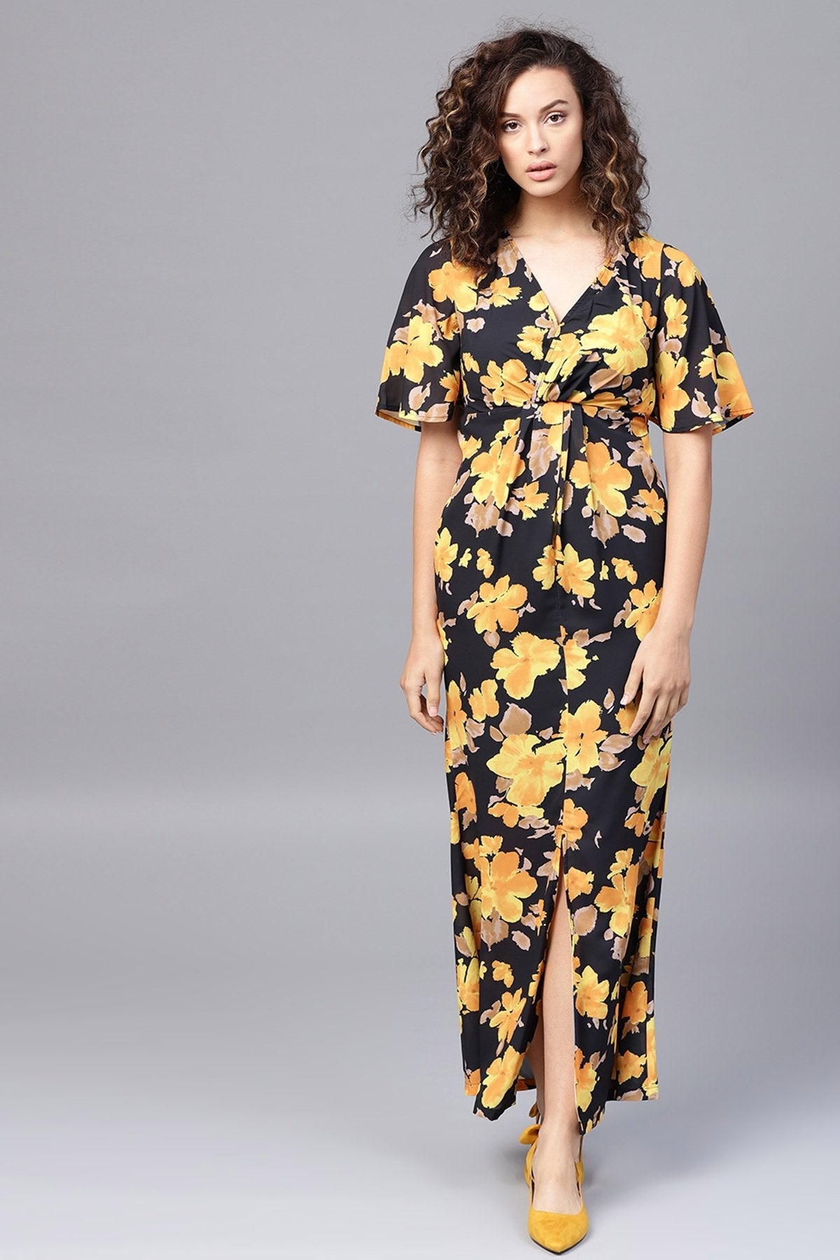 Women's Yellow Floral Flared Sleeve Pleated Maxi - SASSAFRAS