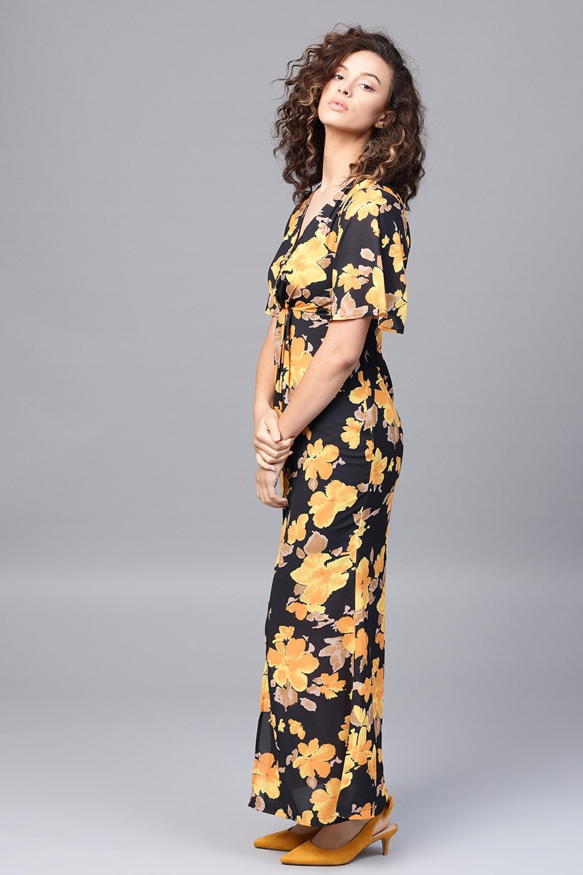 Women's Yellow Floral Flared Sleeve Pleated Maxi - SASSAFRAS