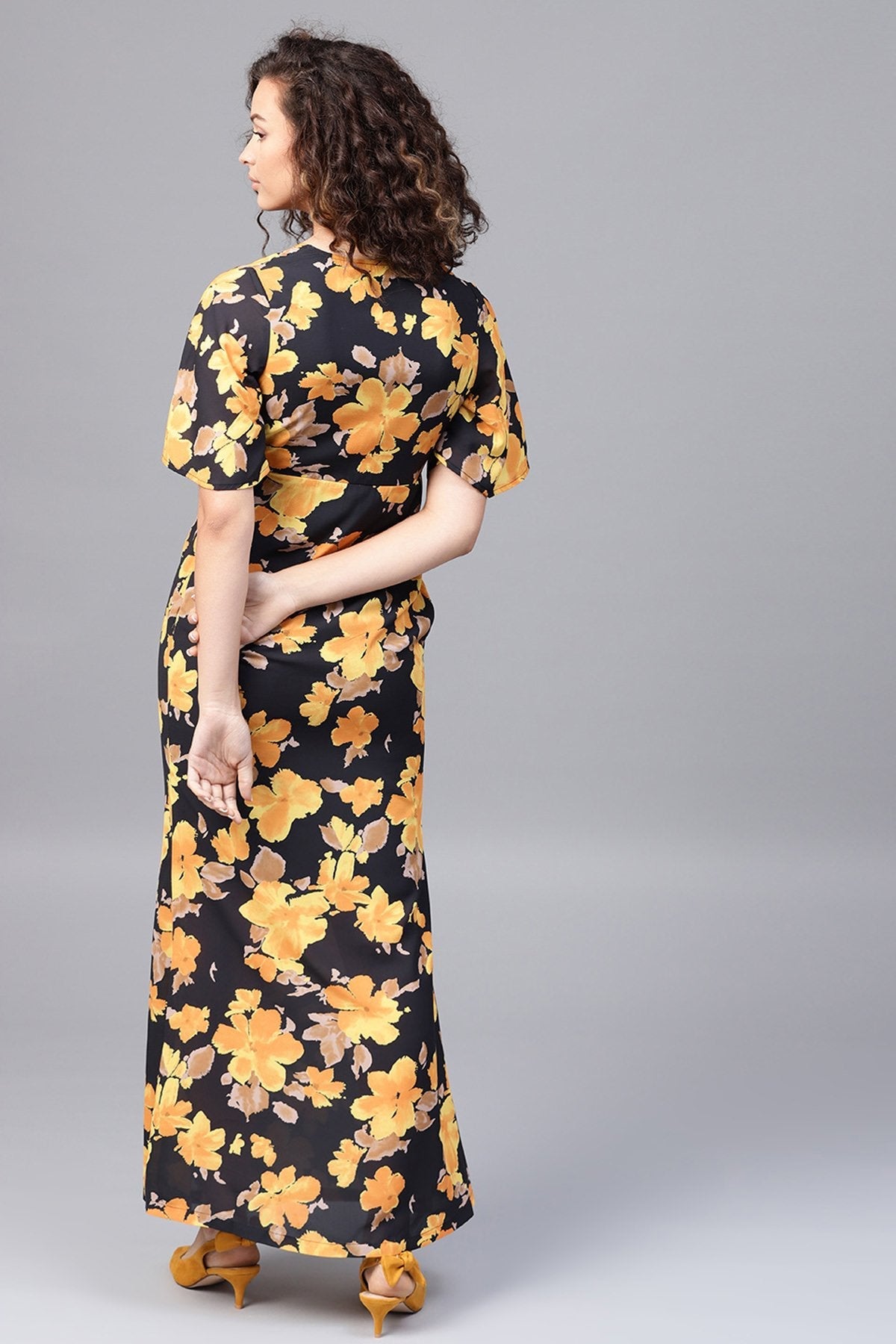 Women's Yellow Floral Flared Sleeve Pleated Maxi - SASSAFRAS