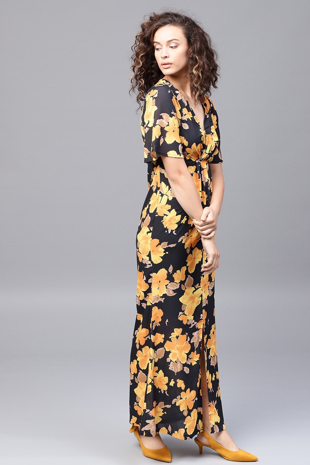 Women's Yellow Floral Flared Sleeve Pleated Maxi - SASSAFRAS