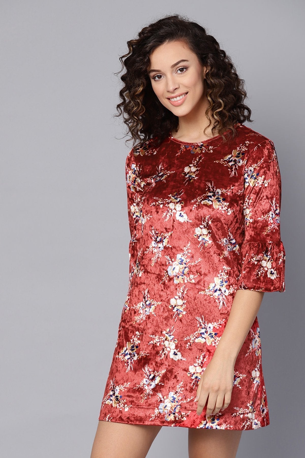 Women's Maroon Floral Bell Sleeves Velvet Dress - SASSAFRAS