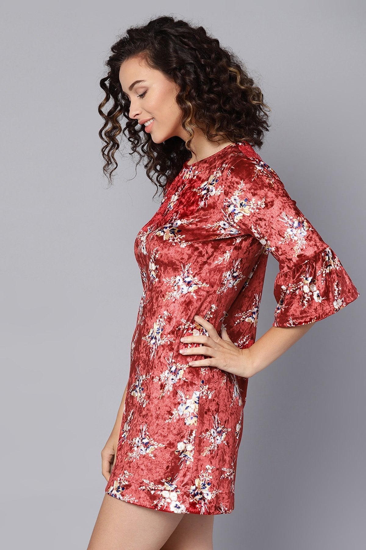 Women's Maroon Floral Bell Sleeves Velvet Dress - SASSAFRAS