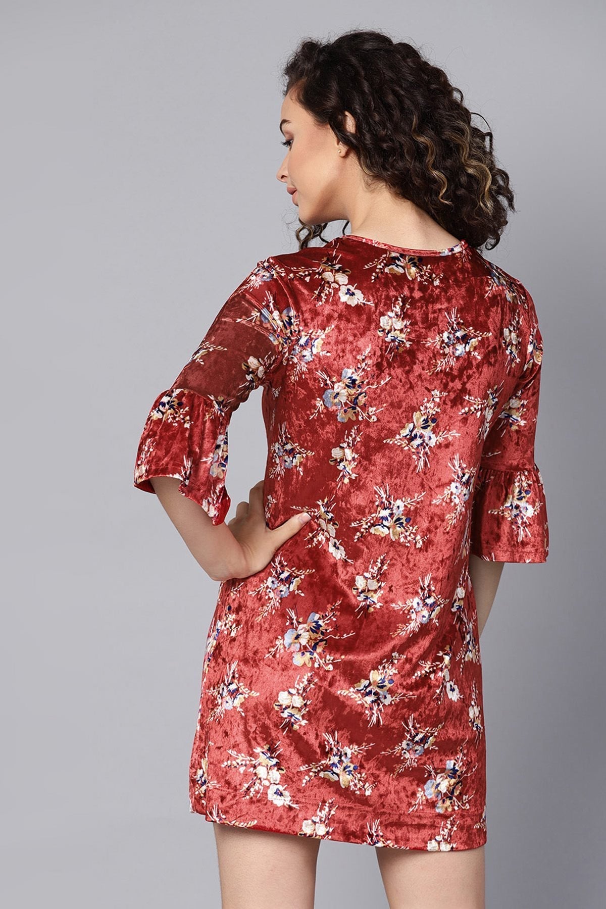 Women's Maroon Floral Bell Sleeves Velvet Dress - SASSAFRAS