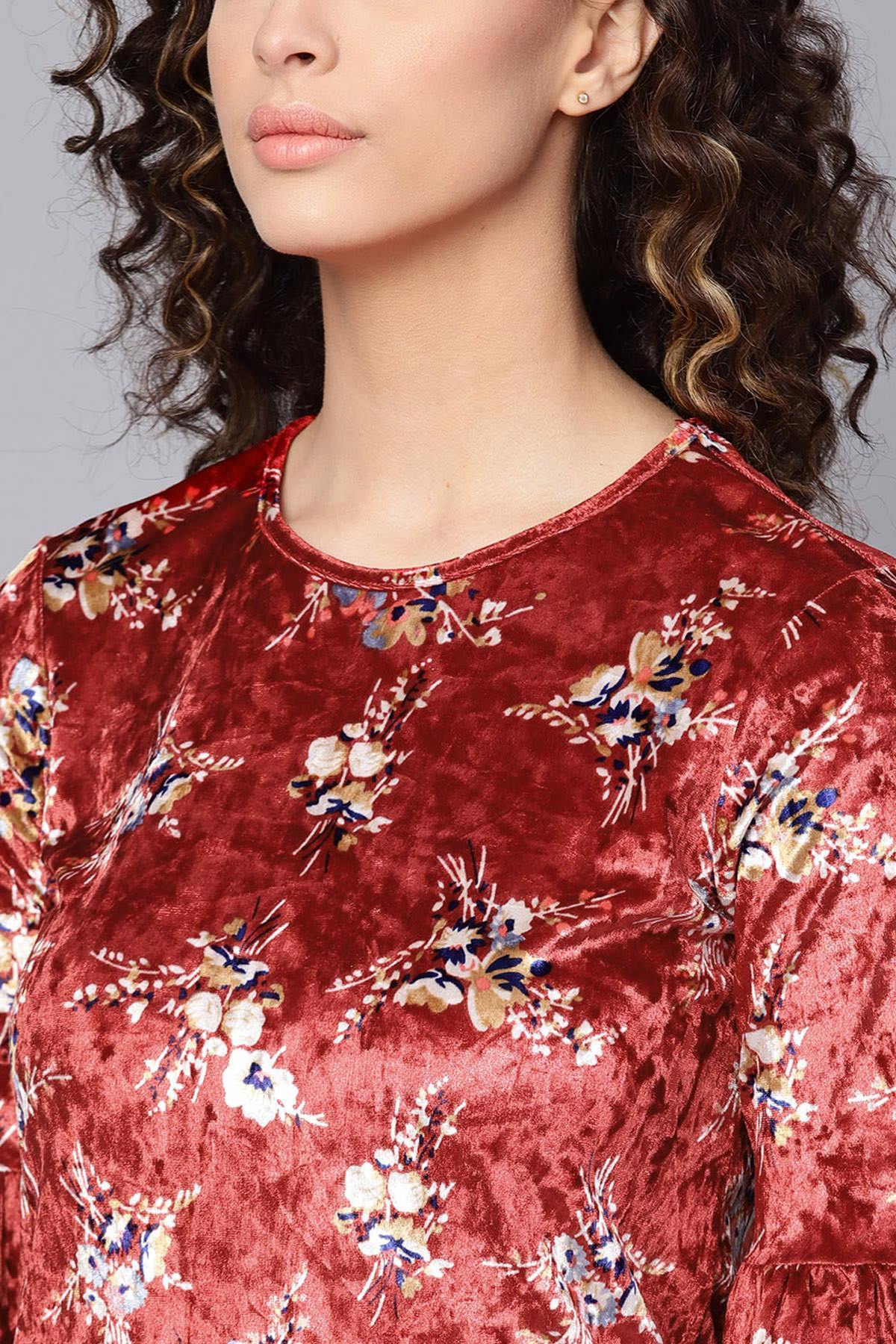 Women's Maroon Floral Bell Sleeves Velvet Dress - SASSAFRAS