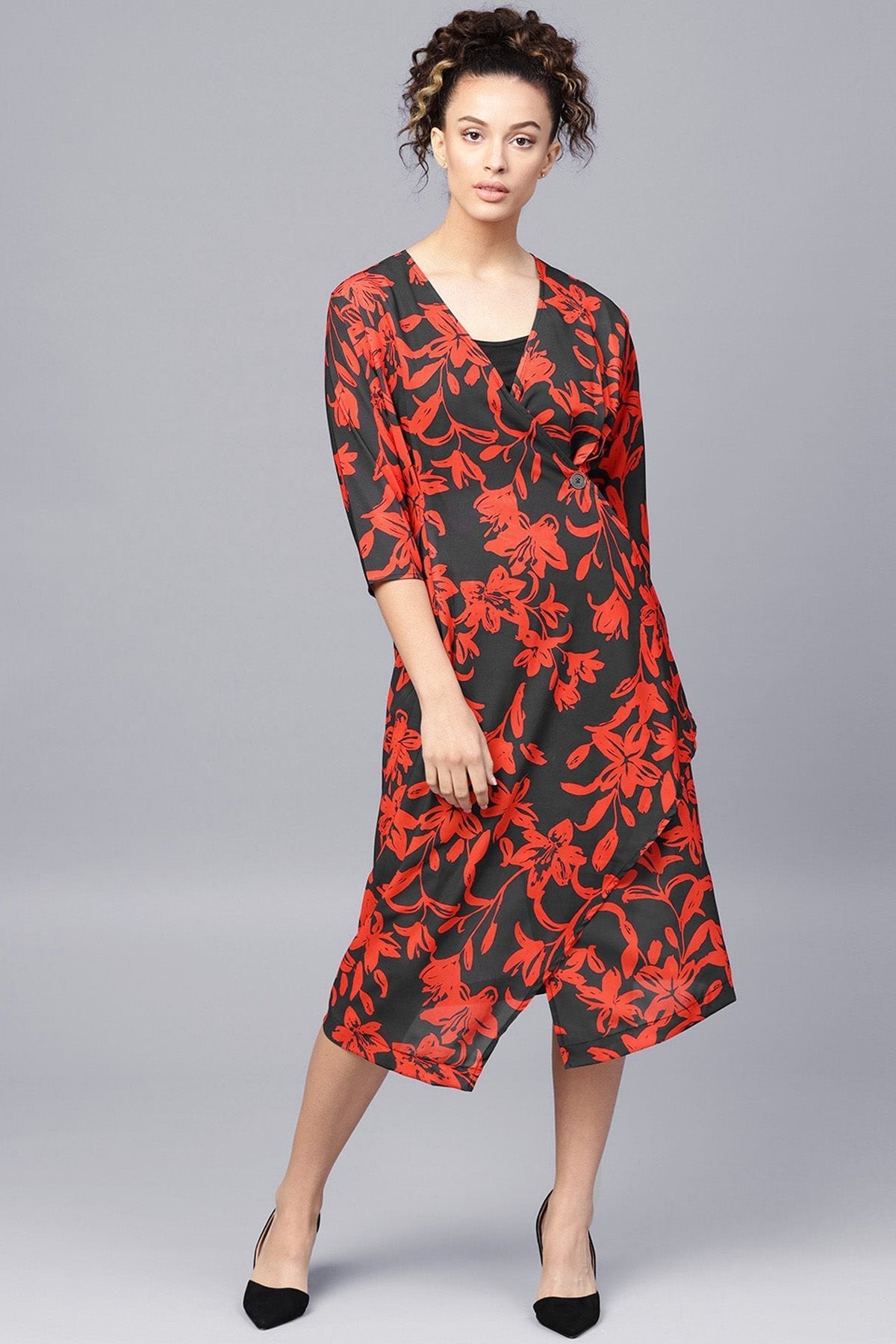 Women's Red Floral Button Wrap Midi Dress - SASSAFRAS